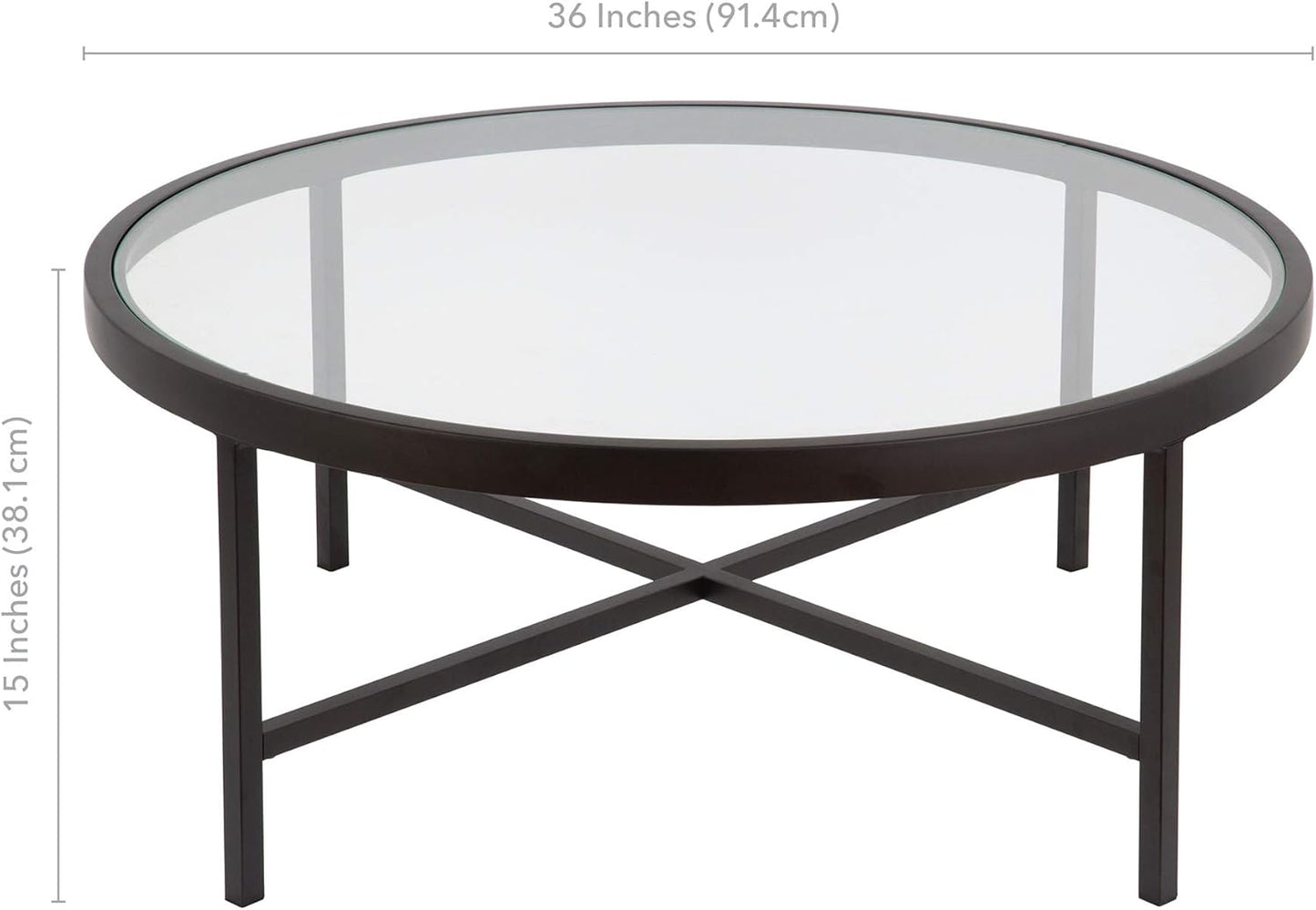 Henn&Hart 36" Wide Round Coffee Table with Glass Top in Blackened Bronze, Modern coffee tables for living room, studio apartment essentials