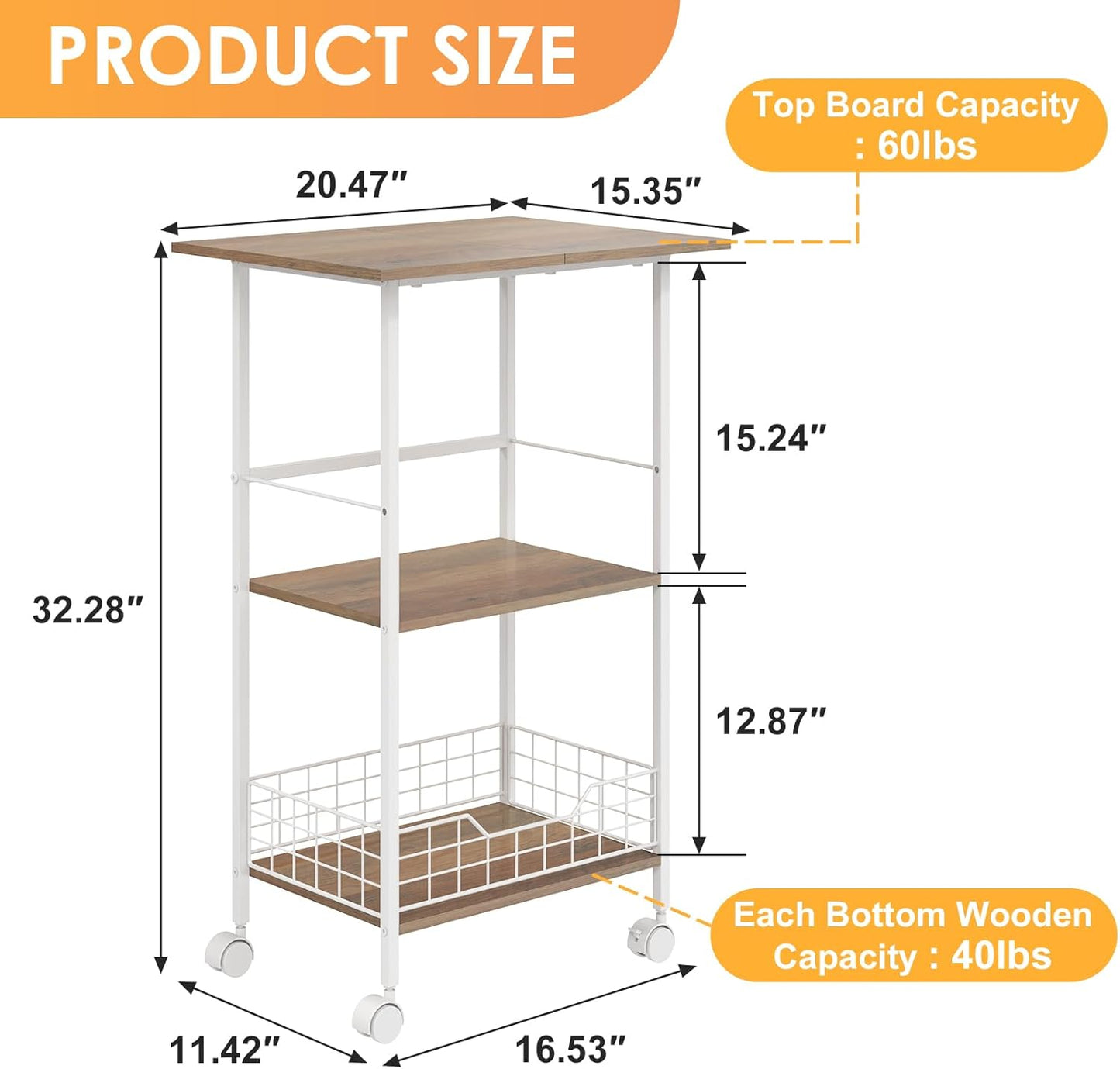 Microwave Cart with Storage, 3-Tier Rolling Kitchen Stand with Basket, Wood and Metal Utility Cart on Wheels, Coffee Bar Station, Small Baker’s Rack As Kitchen Island, Microwave Shelf Organizer, White