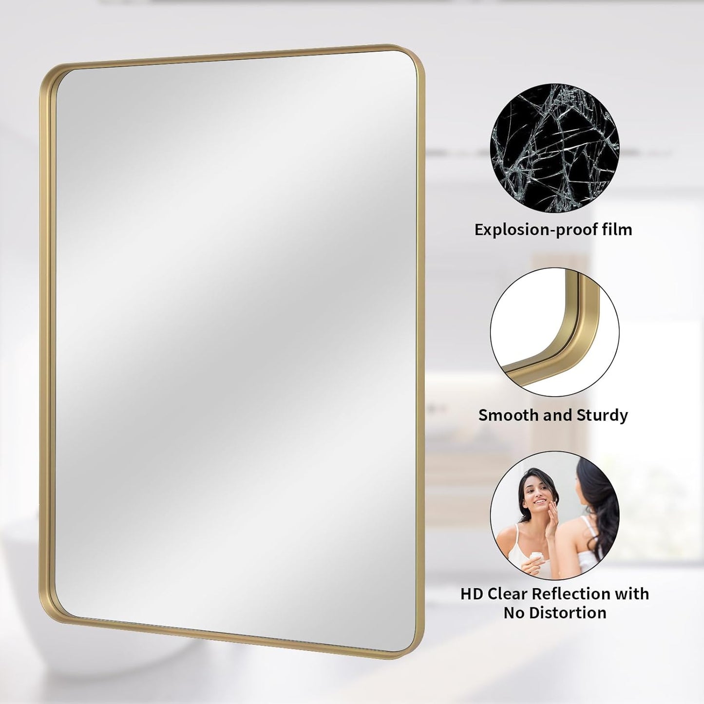 Bathroom Mirror 30x40 inch, Gold Gorgeous Deep Frame Wall Mirror, Modern Round Corner Bathroom Vanity Mirror for Bedroom, Living Room, Hanging or Leaning Horizontal or Vertical, Gold