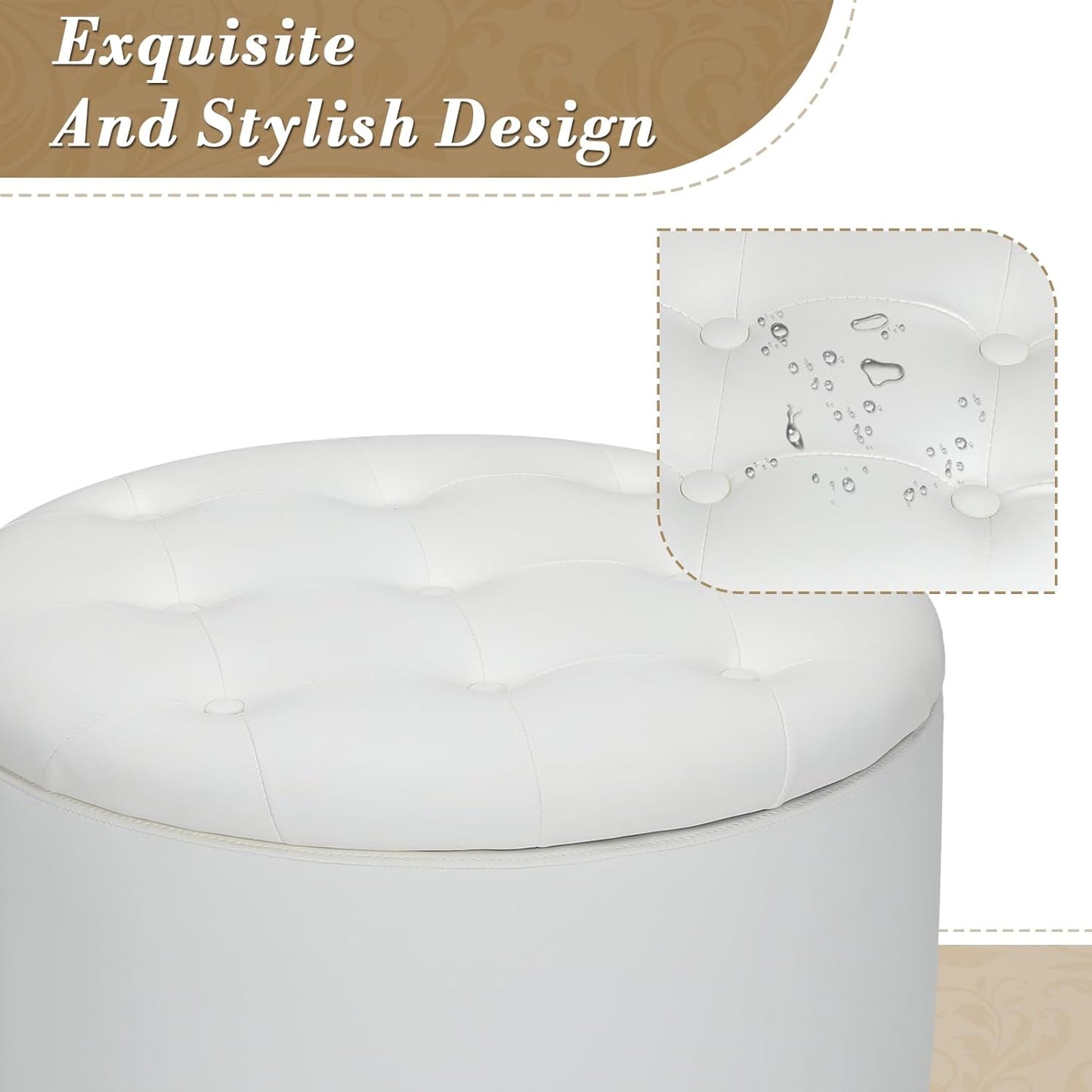 Athena Collection 24.5 Inch Small Ottoman with Storage, Round PU Leather Storage Ottoman Foot Rest with Removable Lid, Multipurpose Footstool Footrest for Livingroom, Bedroom, Dorm, White