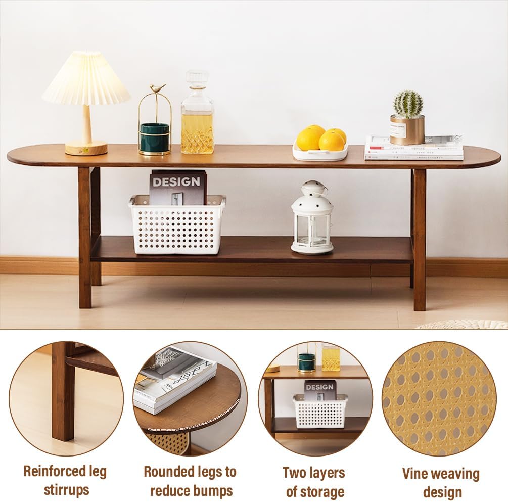 Tiita TV Stand with Storage for TVs up to 65'', Bamboo TV Console Entertainment Center with 2 Open Shelf, Mid Century Modern Media Console for Living Room, Bedroom, Walnut