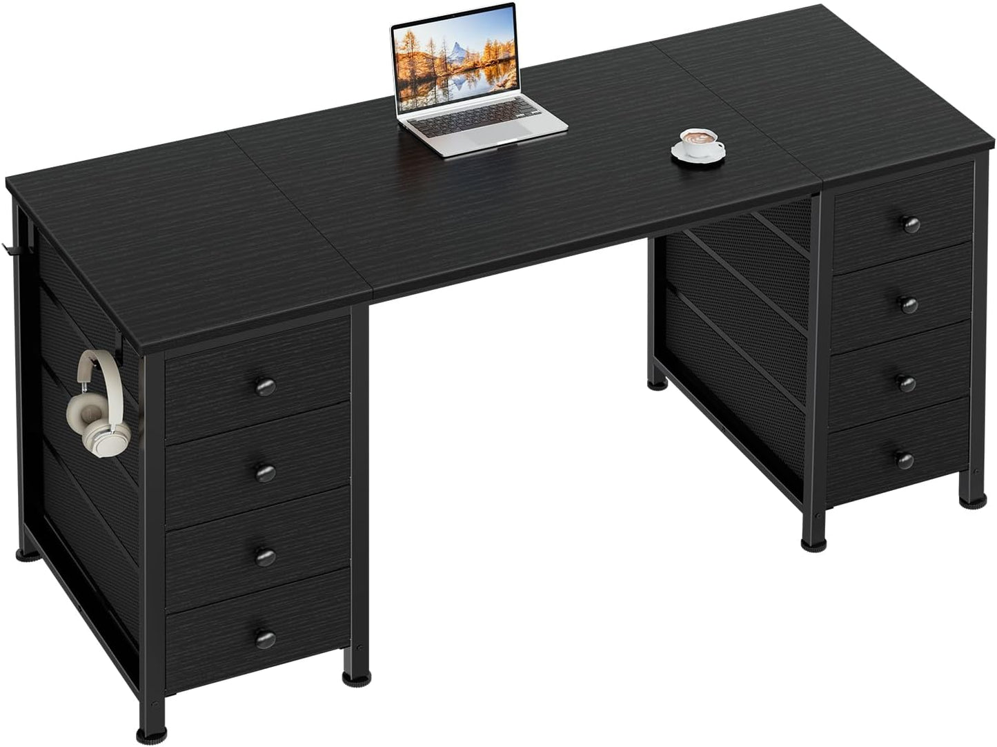 Black Desk with Fabric Drawers on Both Sides, 47 Inch Black Gaming Desk Home Office Computer Study Writing Work PC Desks with 8 Storage Fabric Drawers for Bedroom