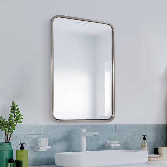 ANDY STAR Mirrors for Wall, 20x28’’ Brushed Nickel Bathroom Mirror, Rounded Rectangle Mirrors for Vanity, Anti-Rust SUS304, Tube Metal Frame, 1’’ Deep Wall Mounted Vertically/Horizontal