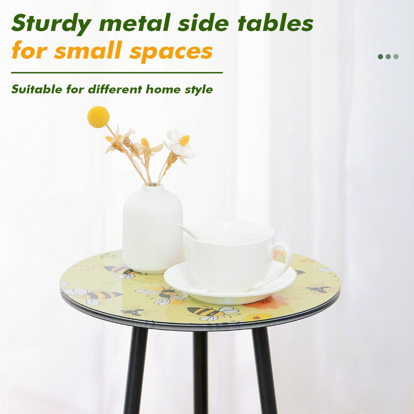 2 Packs Metal Mosaic Round Side Table 13.2" Small Outdoor Patio Round Accent Coffee Tables Indoor Corner Stand for Small Spaces Weather-Resistant for Balcony Plant Stand, Yellow Bee