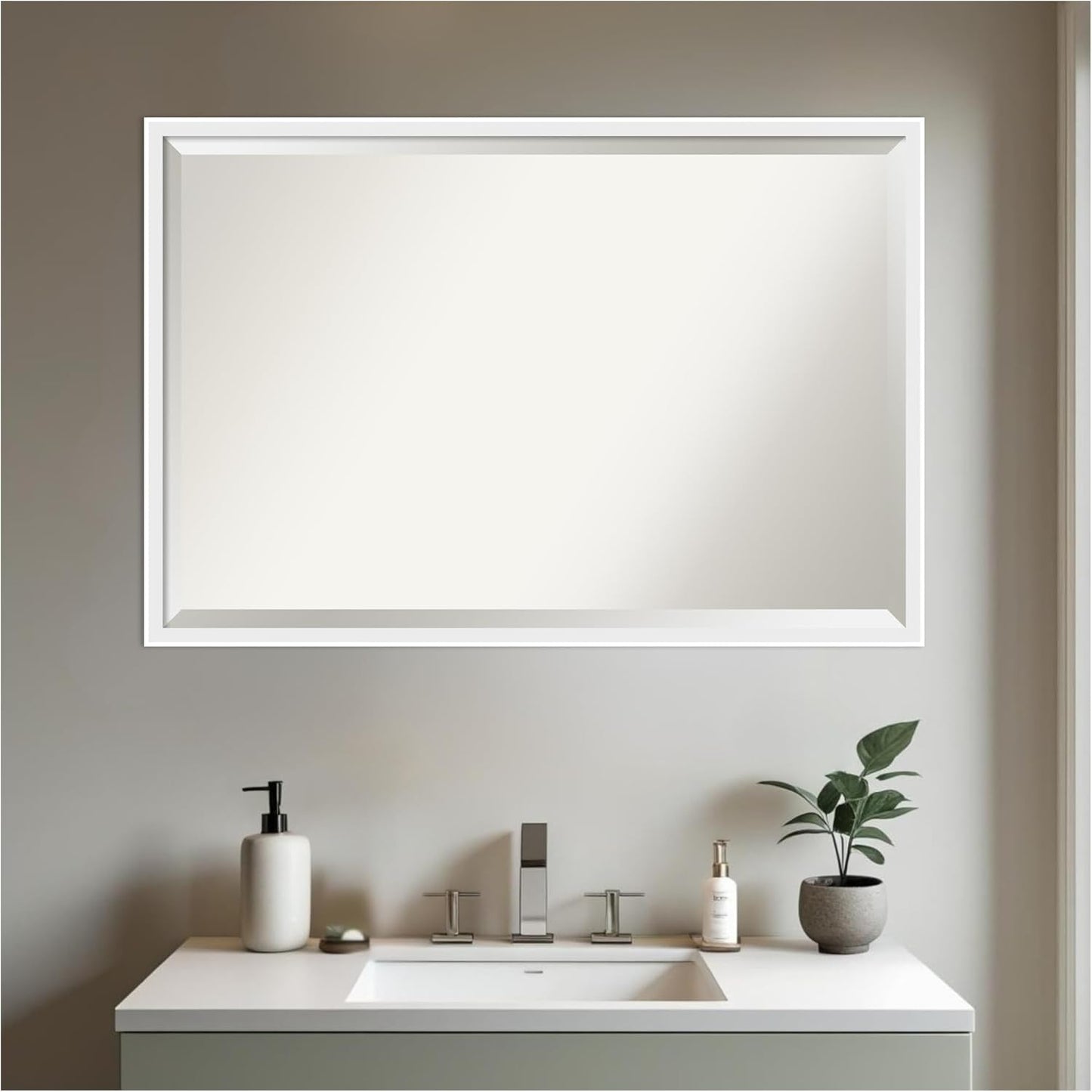 Amanti Art White Bathroom Mirror for Over Sink, 26x38 Incline White Rectangle Vanity Mirror, Large Modern Contemporary Wood Frame, Hangs Horizonally and Vertically, Bathroom Wall Decor, Beveled Edge