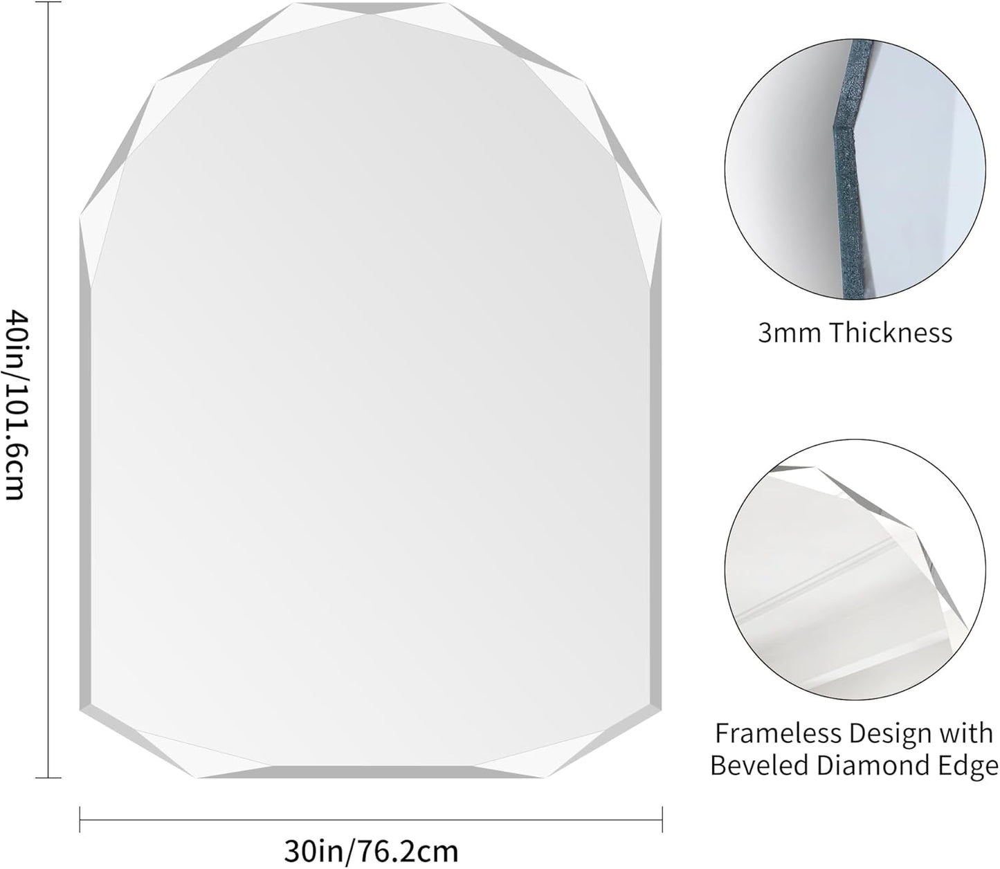 KOCUUY 30"x40" Frameless Mirror, Arched Shape with Diamond-Shaped Beveled Edge,Unframed Decorative with Upgraded Shatterproof Glass,Unique Frameless Mirror for Bathroom,Living Room,Bedroom