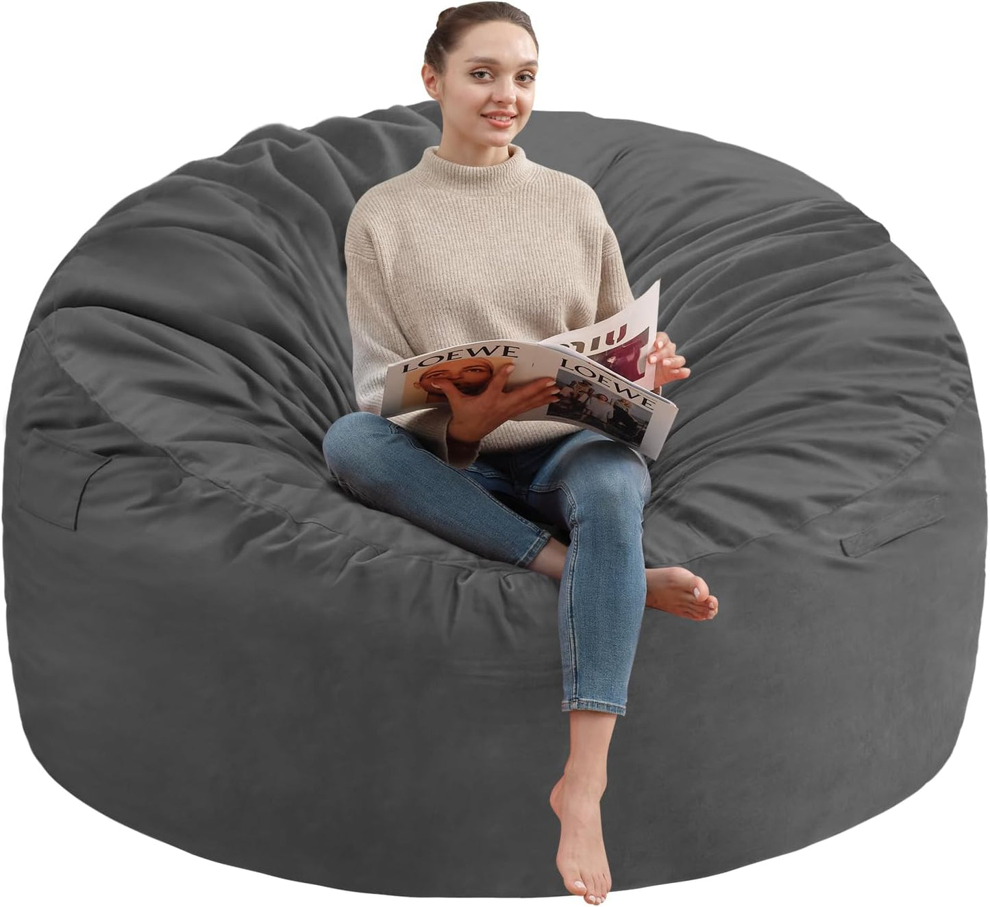6FT Bean Bag Chair, Large Bean Bag Chairs with Memory Foam Filled, Fluffy Beanbag Sofa with Dutch Velvet Cover, Round BeanBag Chairs for Living Room, Playroom - Grey