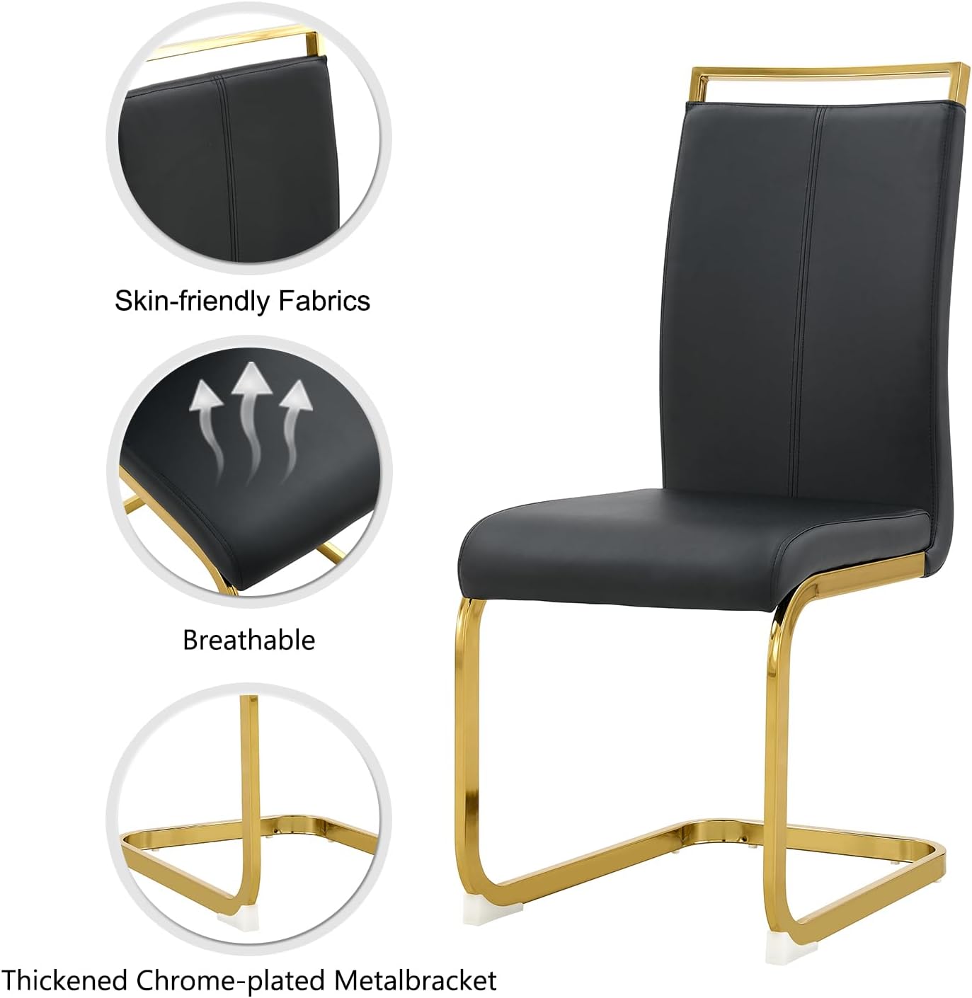 Modern Dining Chairs Set of 6,High Back Black Kitchen Chairs,Faux Leather Side Chair with Gold Plated Metal Legs,Easy to Clean Upholstered Dining Chairs,Ideal for Living Room(Gold Leg)