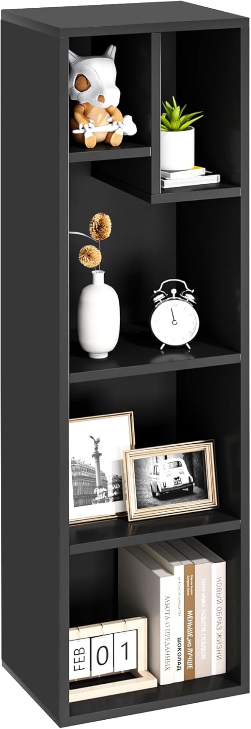 VECELO 4-Tier Bookcase, Modern Storage Cabinet with Height Difference Shelves for Standard Textbooks, 5 Cubes, Vertical or Horizontal, Easy Assembly,Vintage Black