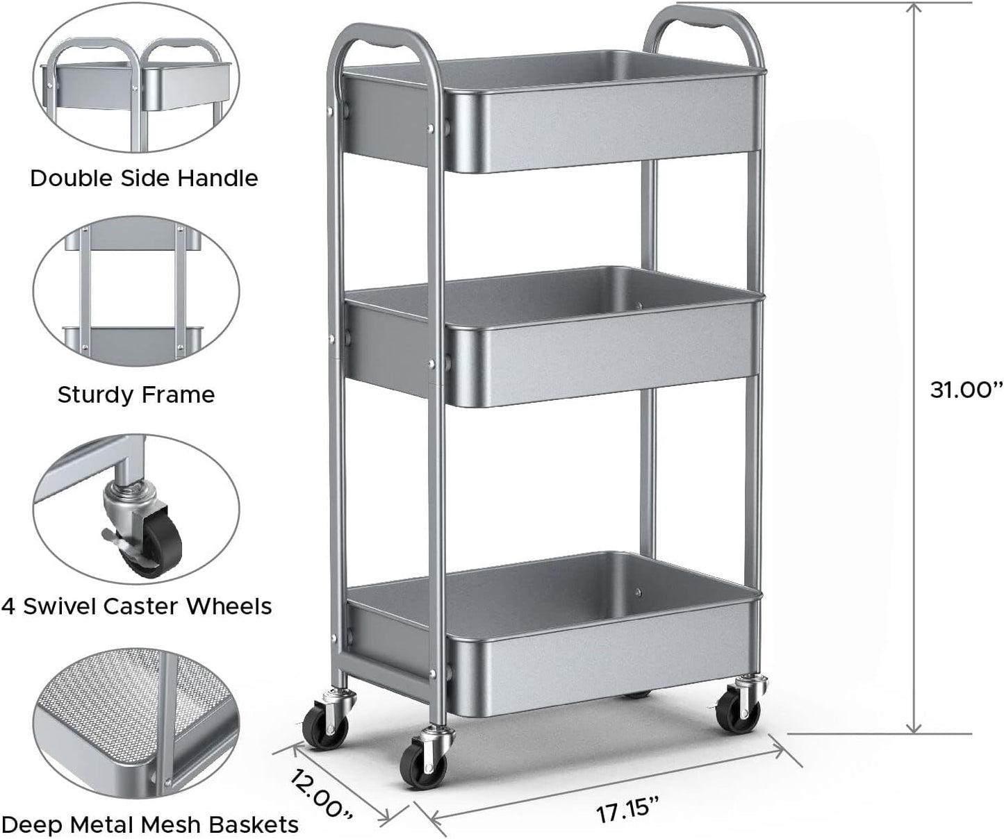 MAX Houser 3-Tier Rolling Utility Cart with Caster Wheels,Easy Assembly, for Kitchen, Bathroom (Silvery-Grey)