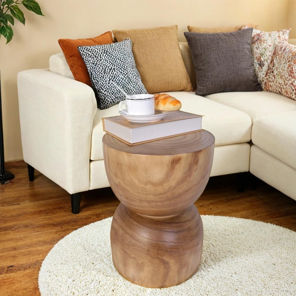 Small Wooden Side Table, 15.75" H Hand Carved Rustic Tree Stump End Table, Natural Paulownia Wood Compact Round Coffee Table, Mini Indoor Outdoor Wood Stool for Living Room, Bedroom, Patio, Garden