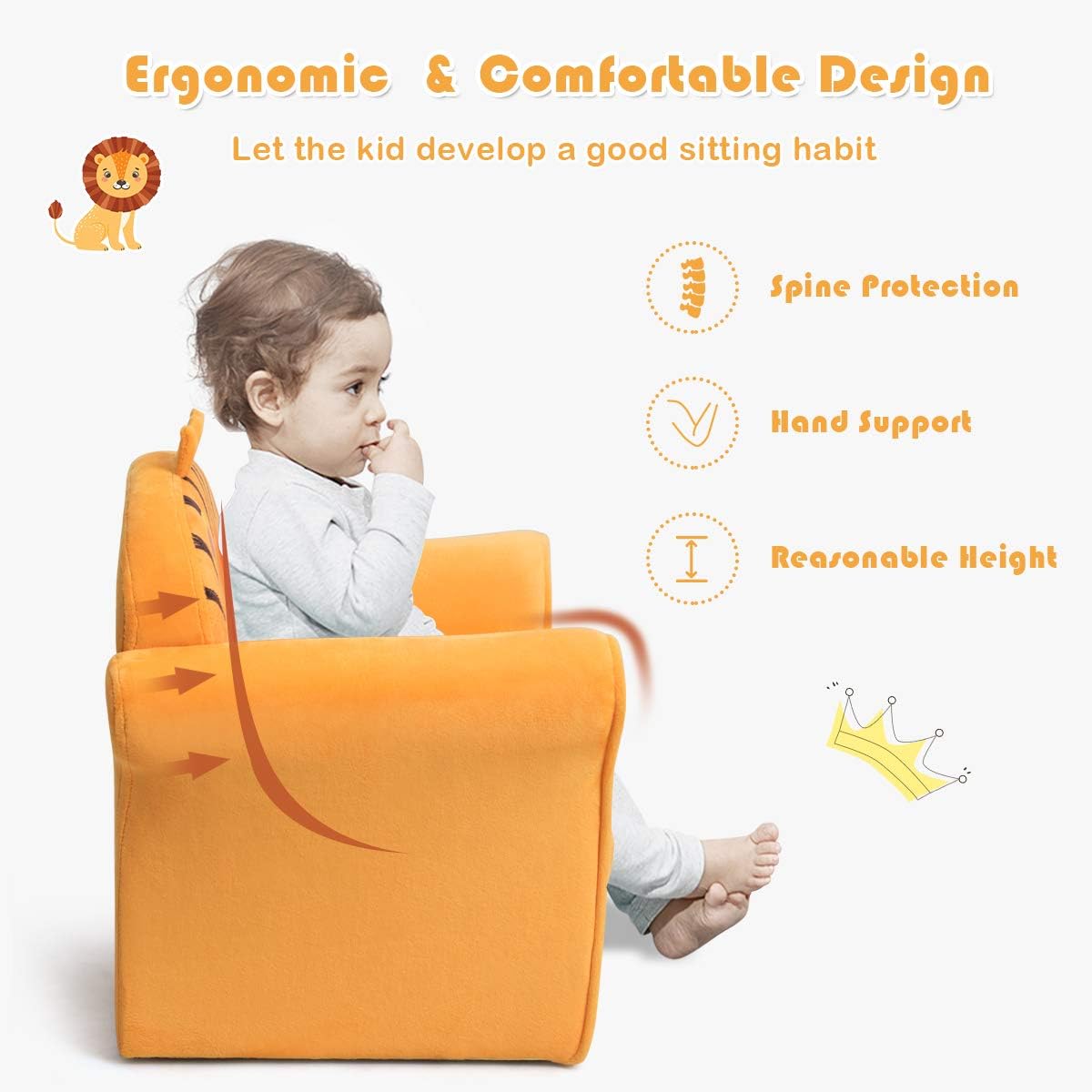 Costzon Kids Couch, Children's Sofa Armrest Chair with Pattern, Toddler Furniture w/Sturdy Wood Construction, Preschool, Lightweight Kids Couch Sofa Chair for Aged 1-5 Boys & Girls Gifts, Lion