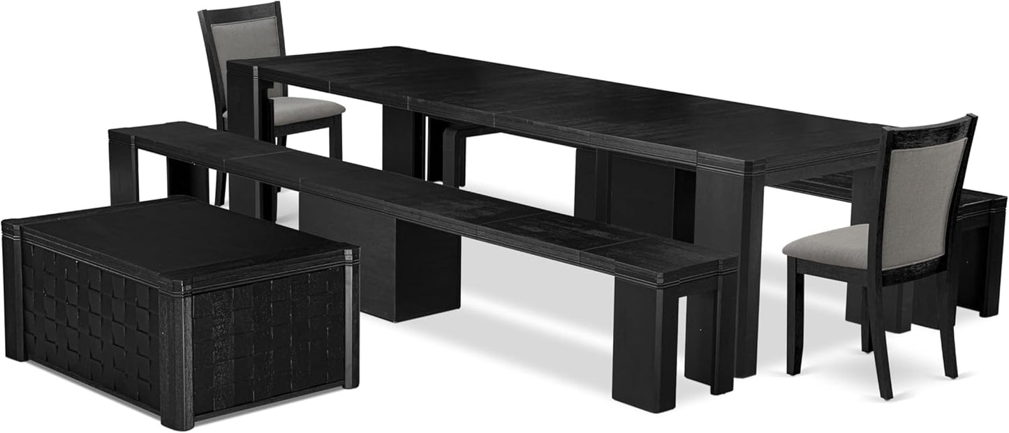 X02MZ-2C6-50 - 6-pc Dining Table Set a Kitchen Table with a coffee Table and 2 wooden Benches and 2 Dark Gotham Grey Linen Fabric Chairs, 39x120 Inch, Wire Brushed Black