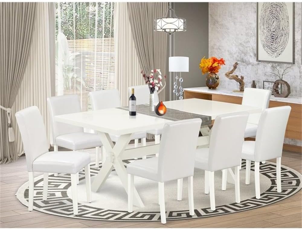 East West Furniture X027AB264-9 9 Piece Dining Set Includes a Rectangle Dining Room Table with X-Legs and 8 White Faux Leather Upholstered Parson Chairs, 40x72 Inch, Multi-Color