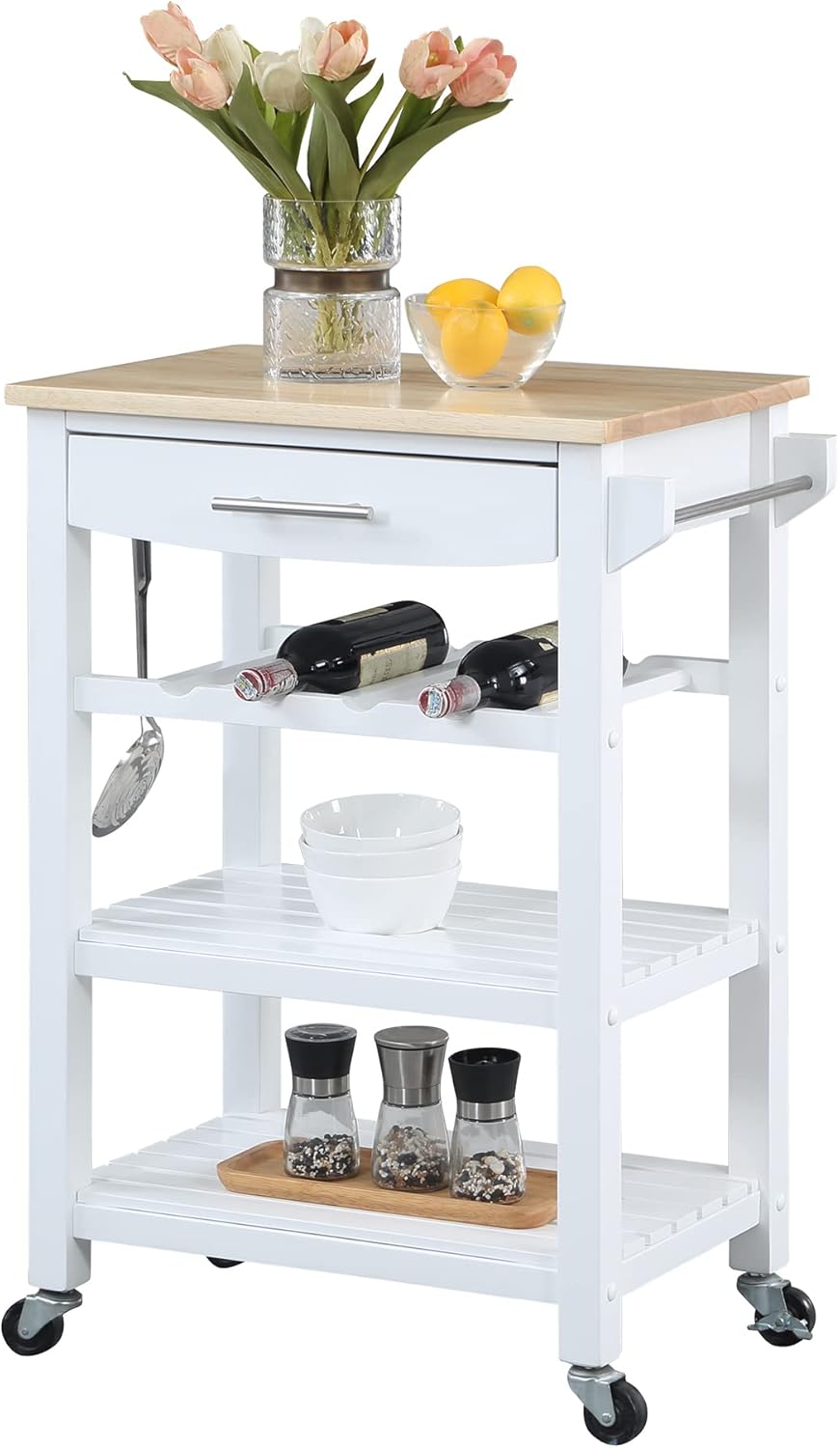 Convenience Concepts Ellaine 4 Tier Kitchen Cart with Drawer and Wine Rack, 24.75", White/Butcher Block