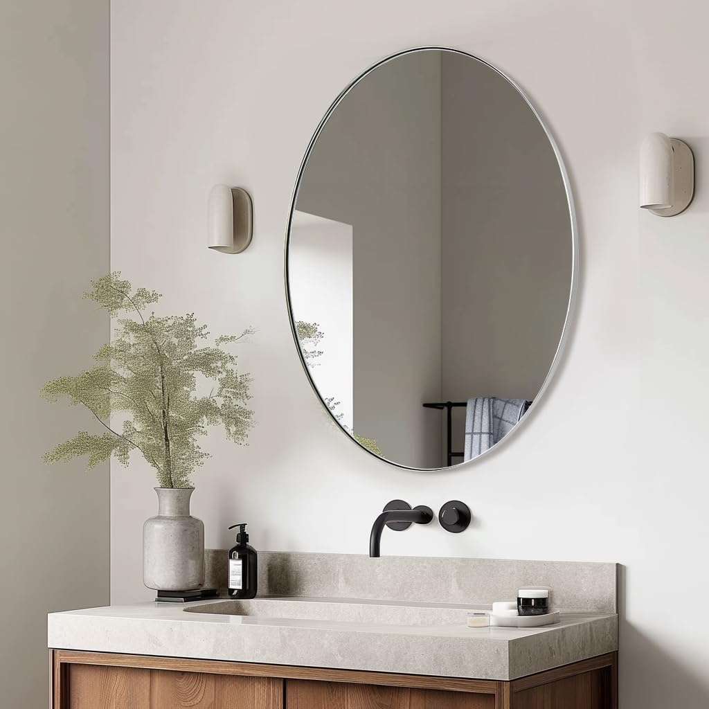 ANDY STAR Polished Chrome Oval Mirrors for Bathroom, 24x36 Inch Silver Stainless Steel Metal Framed Oval Wall Mirror, Modern Vanity Mirror Wall Mount Horizontal or Vertical