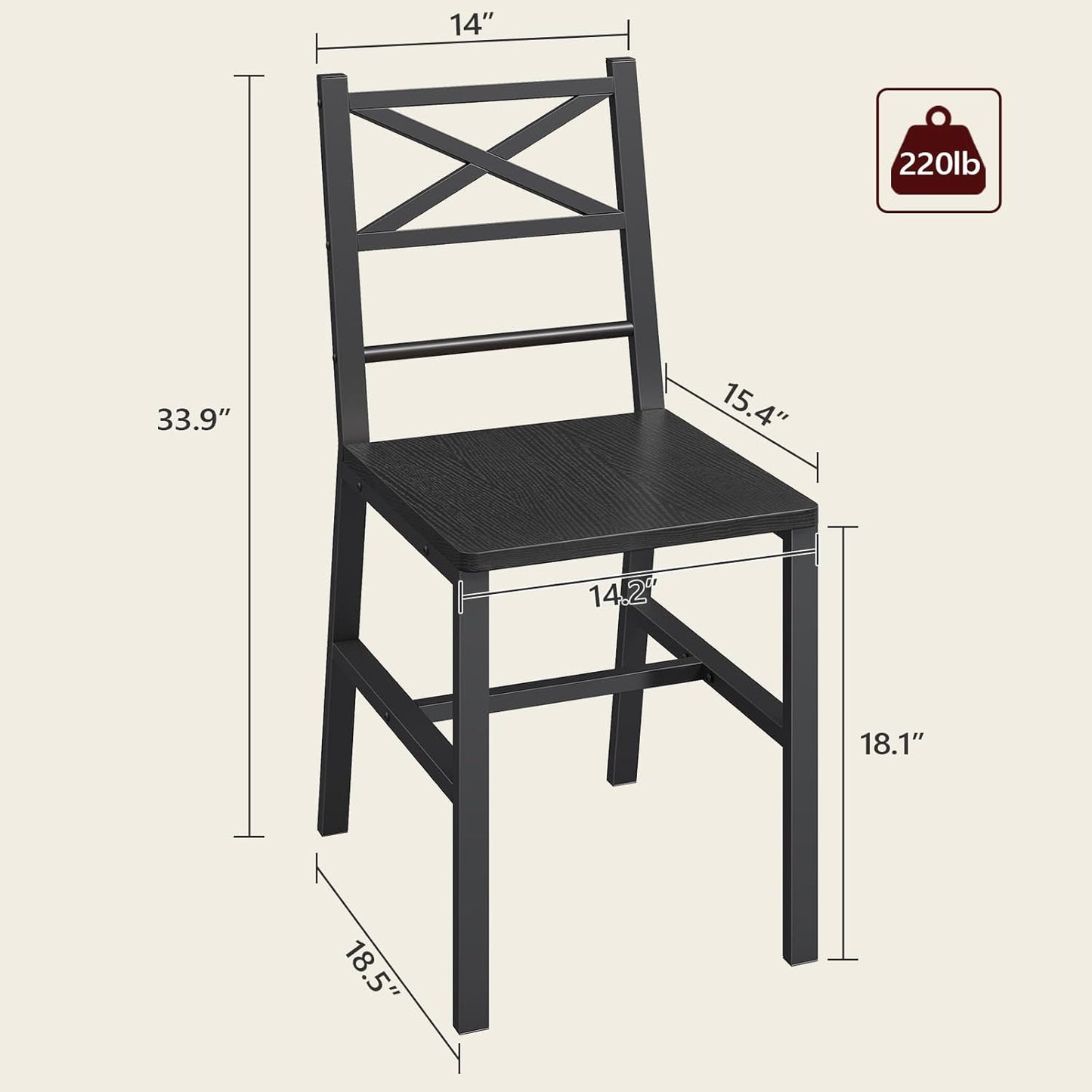 Dining Chair Set of 2, Rustic Wooden Kitchen Chairs with Backrest, Farmhouse Dining Chairs for Kitchen, Industrial Style Chair with Metal Frame, Easy Assembly, Black TBHB1001