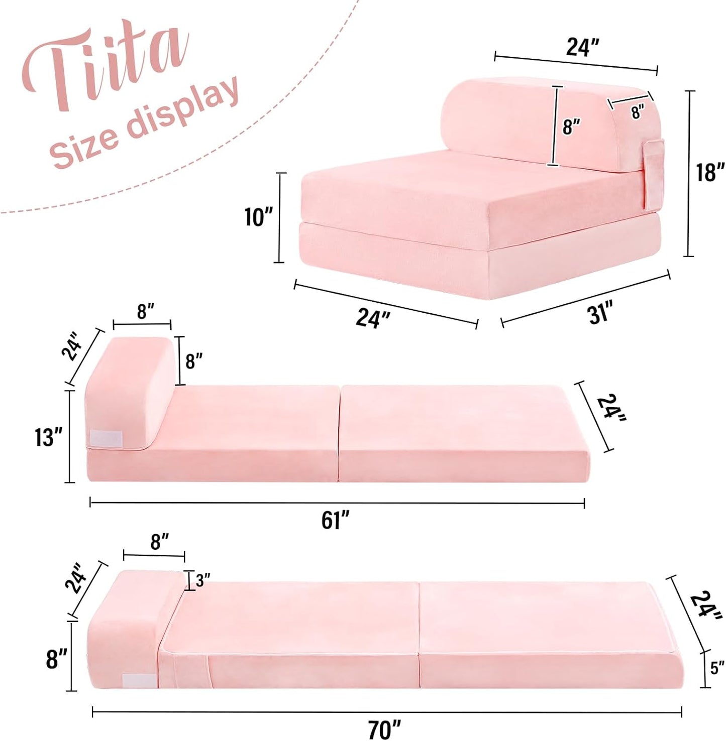 Tiita Folding Sofa Bed for Kids, Toddler Fold Out Couch with Removable Cover, Futon Sleeper Chair for Living Room, Guest Room, Pink