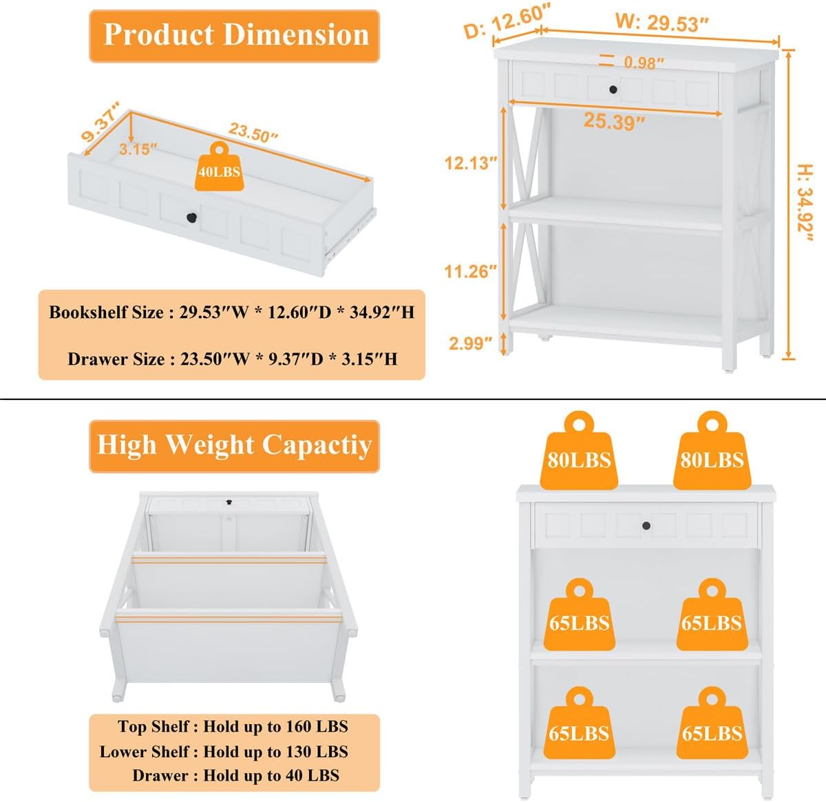 FATORRI Small Bookcase with Drawer, Wood and Metal Bookshelf for Small Space, Short Book Shelf and Low Book Case for Living Room (White Oak)