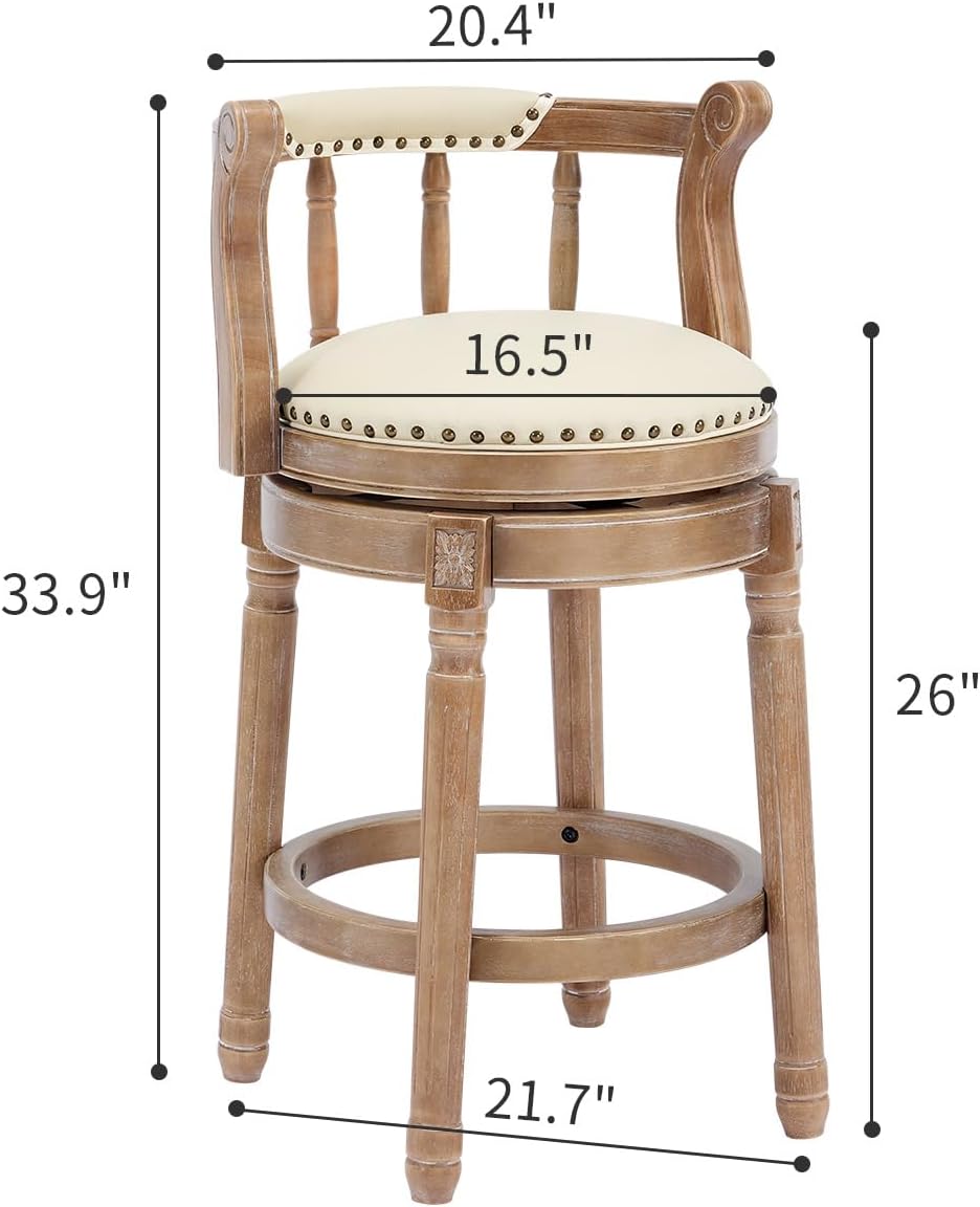 Cow top Leather Wooden Bar Stools, 360 Degree Swivel Bar Height Chair with Backs for Home Kitchen Counter, Morden Chair Barstools (Retro-Beige, Counter Height-Seat Height 26”)