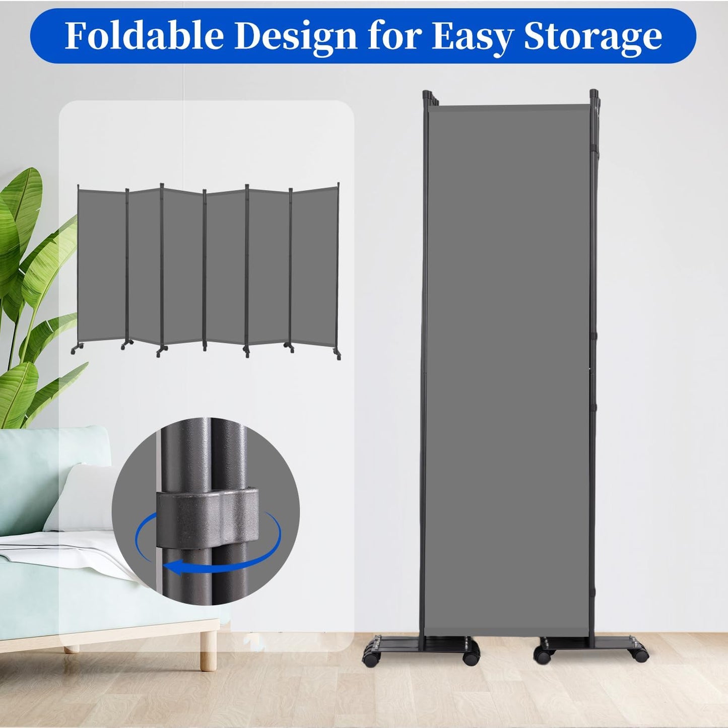 Room Divider 6FT Room Partition with Lockable Wheels, 6 Panel (Thicked Metal Base) Room Dividers, Freestanding Indoor Folding Privacy Screens, Portable Fabric Wall Divider for Room Separation, Grey