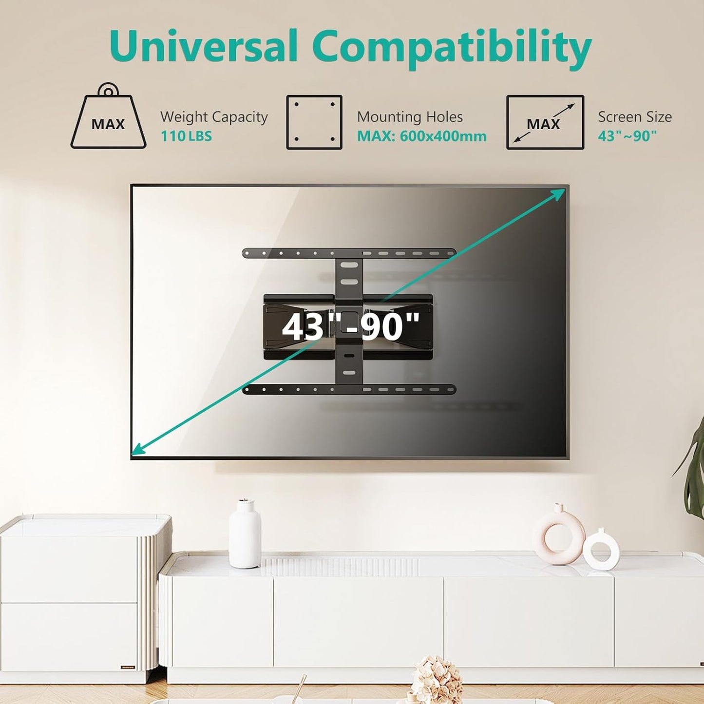 WALI Ultra Slim Full Motion TV Wall Mount Bracket for Most 43-90 Inch Flat Screen TVs, Swivel, Tilt & Extension TV Articulating Mount, Max Mounting Holes 600x400mm, Holds up to 132lbs(TTM-4), Black