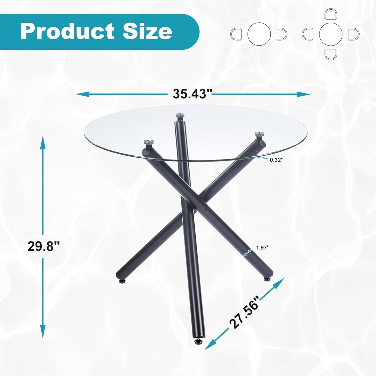 Kitchen Table Classic Dining Table for 4 Round Glass Dining Table 35.43" Kitchen & Dining Room Tables with Metal Legs and Glass Tabletop for Dining Room and Apartment, Black