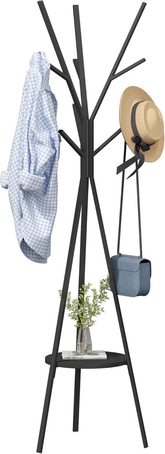 Coat Rack Hat Stand Free Standing Display Hall Tree Metal Hat Hanger Garment Storage Holder with 9 Hooks for Clothes Hats and Scarves in Black,17.72"Wx17.72"Dx70.87"H (Black)
