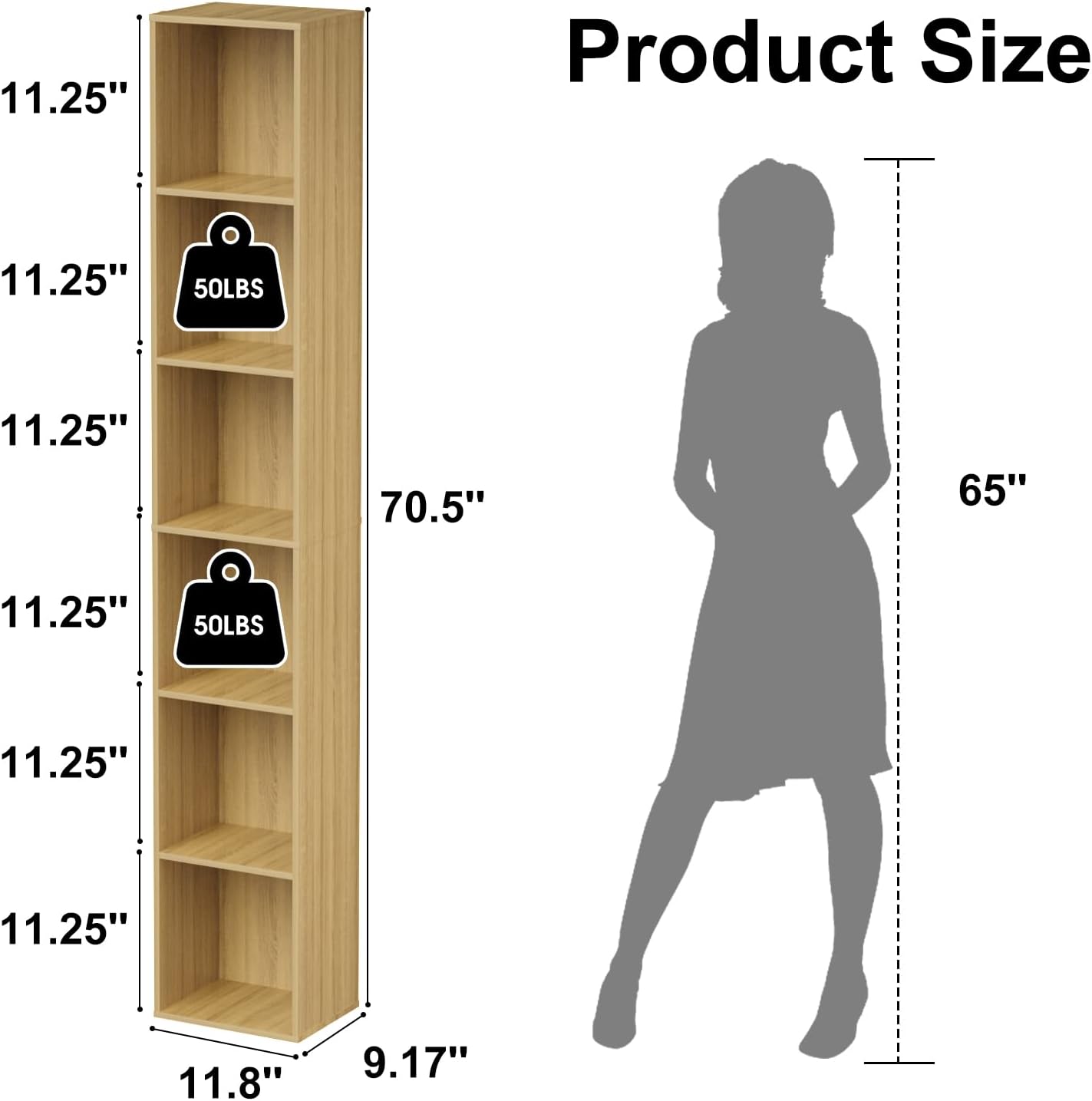Tall Narrow Bookshelf 6-Tier Bookcase,70.5" Skinny Thin Corner Shelf Slim Storage Cabinet,Wood DVD CD Media Cube Organizer Tower Rack for Small Spaces, Bedroom, Living Room, Office,Natural