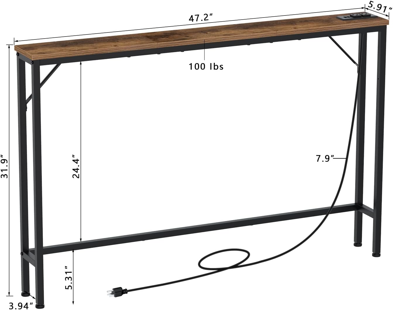 Tohomeor Skinny 5.9" Console Table 47.24" Narrow Long Sofa Table with Power Outlets USB Ports Industrial Wooden Entry Table for Entryway Living Room Hallway (Brown, L-94.4xW-5.91)