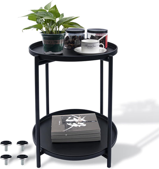 Round Side Table, 2-Tier Small Round Table, Round end Table, Nursery Side Table, with Removable Tray, for Room, Bedroom, Balcony, Living, Sofa, Kitchen, and Office
