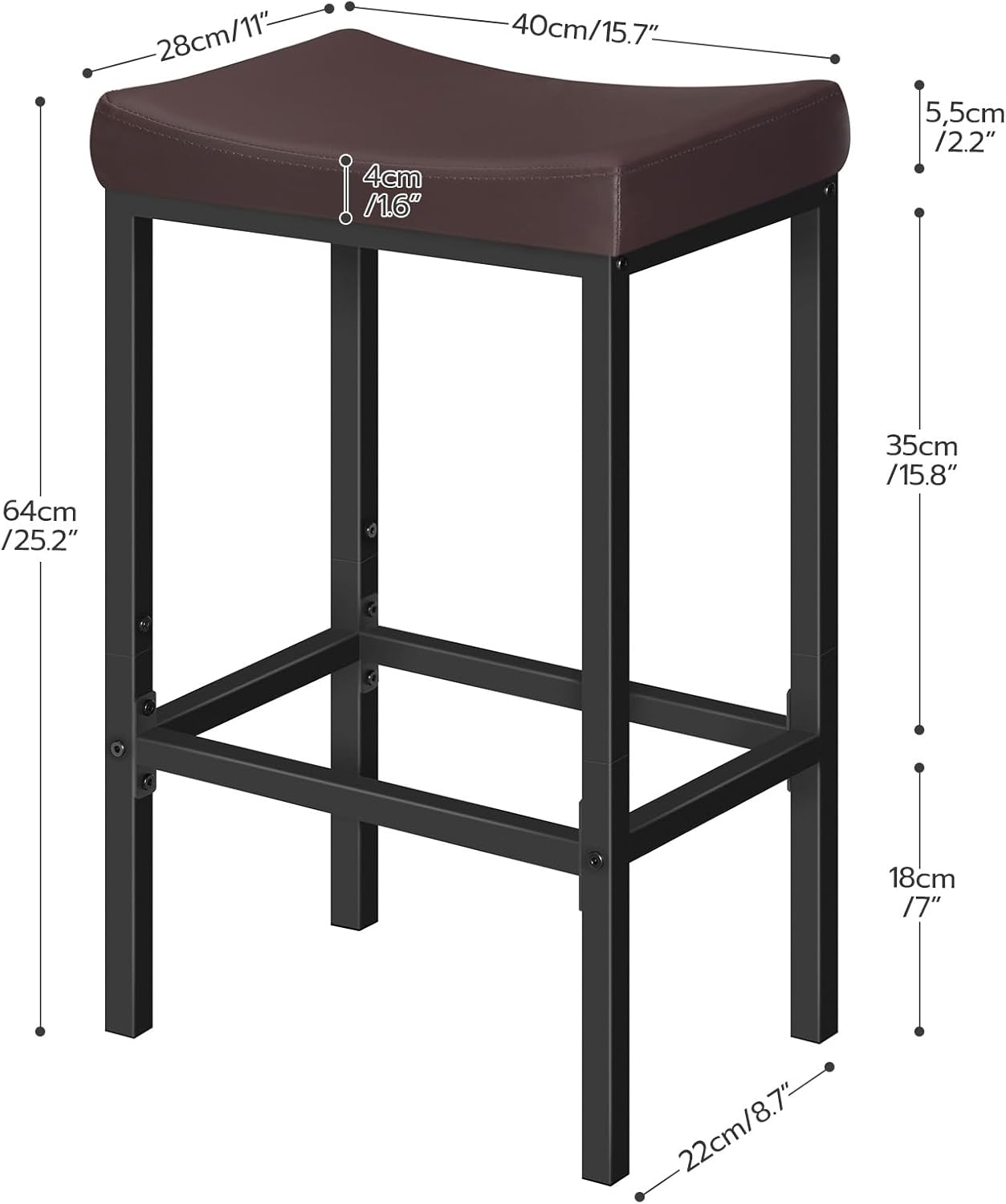 HOOBRO Bar Chairs, Set of 2 Counter Height Saddle Stools with Curved Surface, 24.8 Inches, 2.4" Thick Upholstery, for Kitchen and Dining Room, Brown and Black BC10BY01