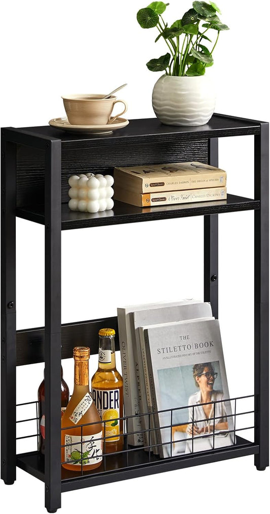 IBUYKE Narrow Side Table with Storage Shelf, 3 Tier End Table,Modern Sofa Table,Small Nightstand with Magazine Rack,Telephone Table for Small Spaces,for Living Room, Bedroom,Black UTMZ001B