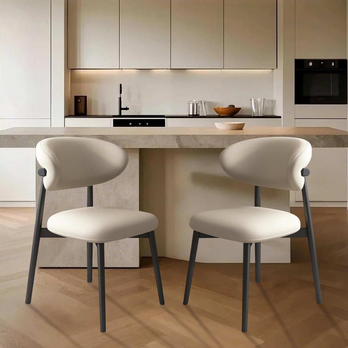 Upholstered Dining Chairs Set of 2,Mid Century Modern Kitchen Chairs with Back and Wood Frame,Faux Leather Dinner Chairs (Light Khaki + Black Legs, Set of 2)