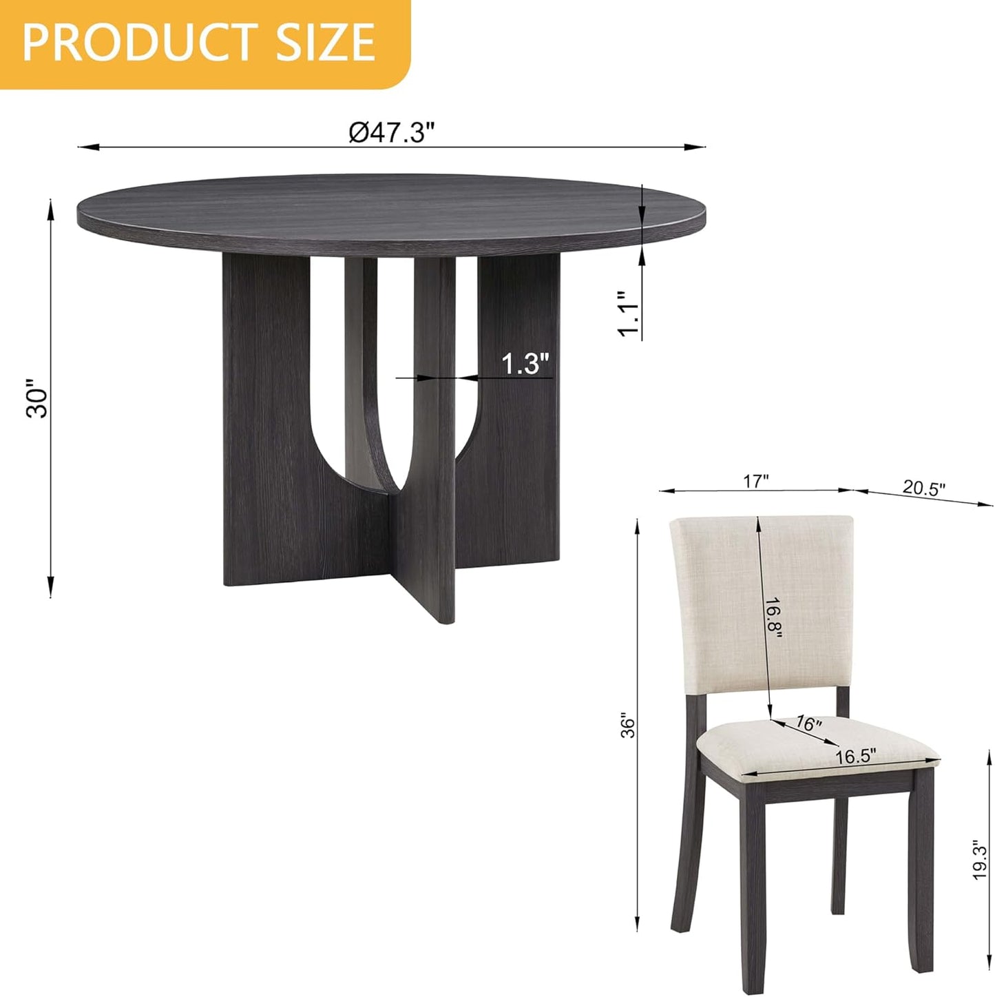 Ball & Cast 5 Piece Dining Table Set with 4 Upholstered Chairs,Wooden Living Room Furniture W/ 47.3" Round Kitchen Desk & Backrest Chair,for Small Space,Dining Room,Antique Black & Beige