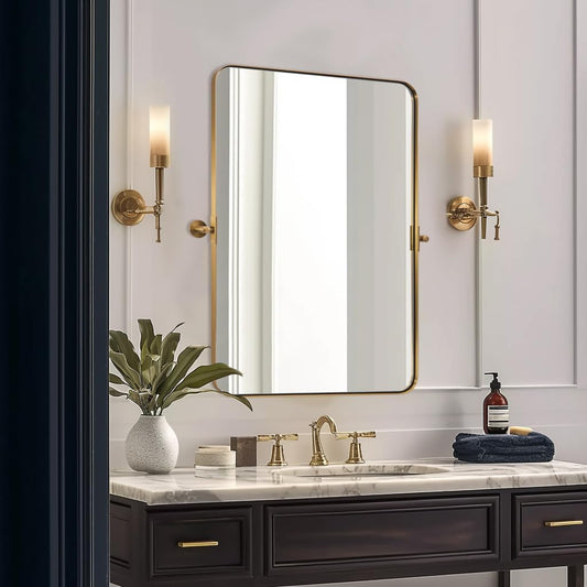 MOON MIRROR 24" x 36" Brushed Gold Metal Framed Pivot Rectangle Bathroom Mirror for Wall, Tilting Rounded Corner Rectangular Vanity Mirror Hangs Vertical Only