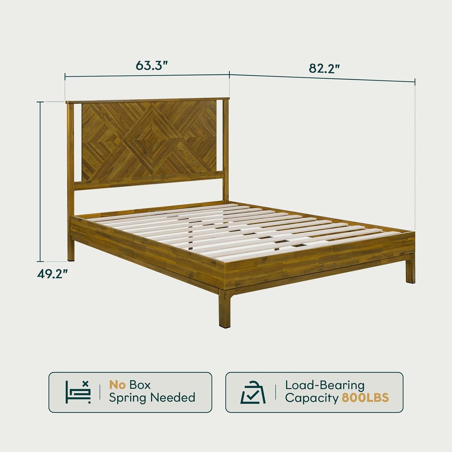 Bme Ethan Queen Bed Frame with Diamond Headboard, Mid-Century Modern, Solid Acacia Wood, No Box Spring Needed, Fits All Mattresses, Rustic Brown