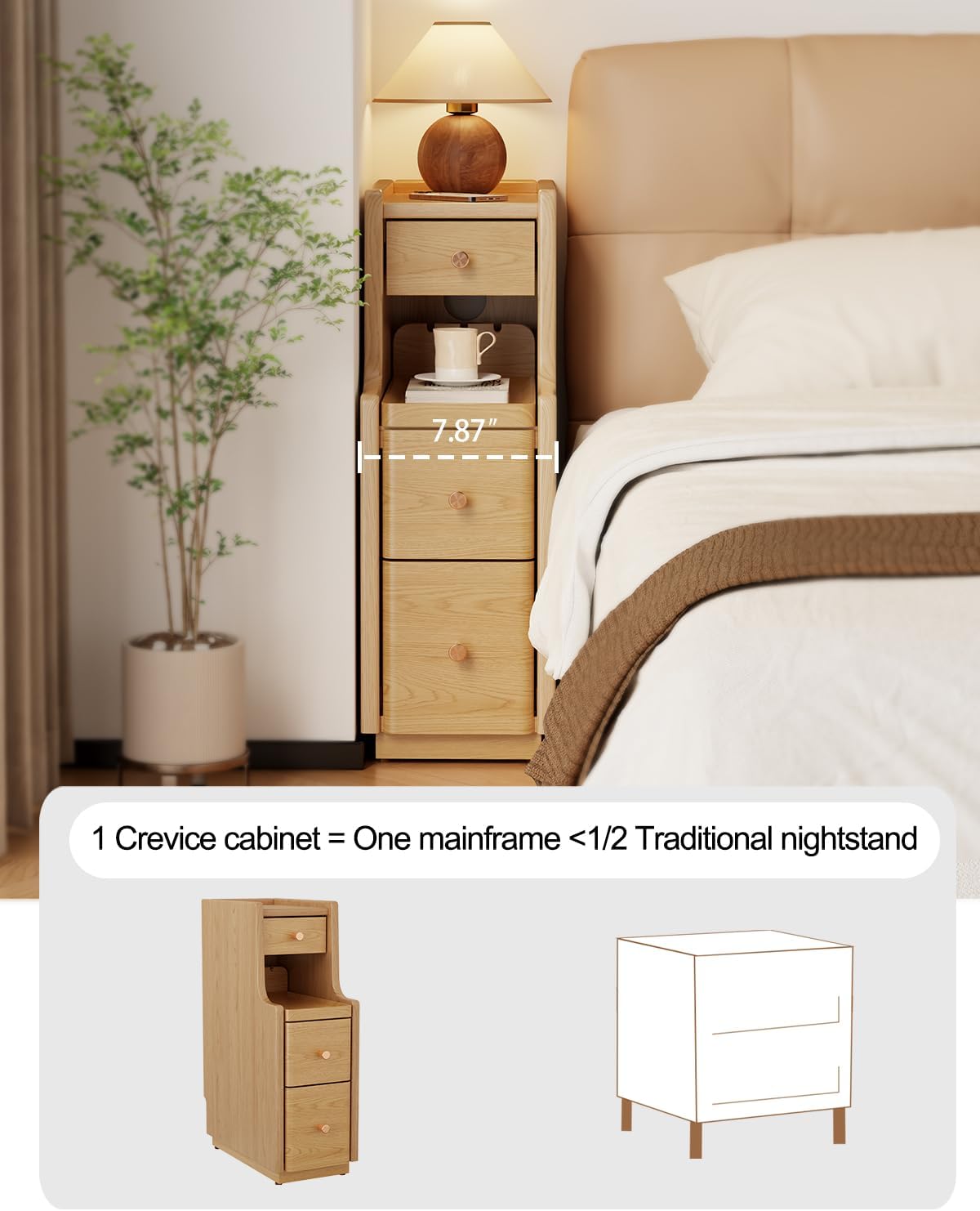 Narrow Nightstand with 3 Drawers,Solid Wood Small Nightstand Natural, Modern Small Bedside Tables for Bedroom(Fully Assembly)