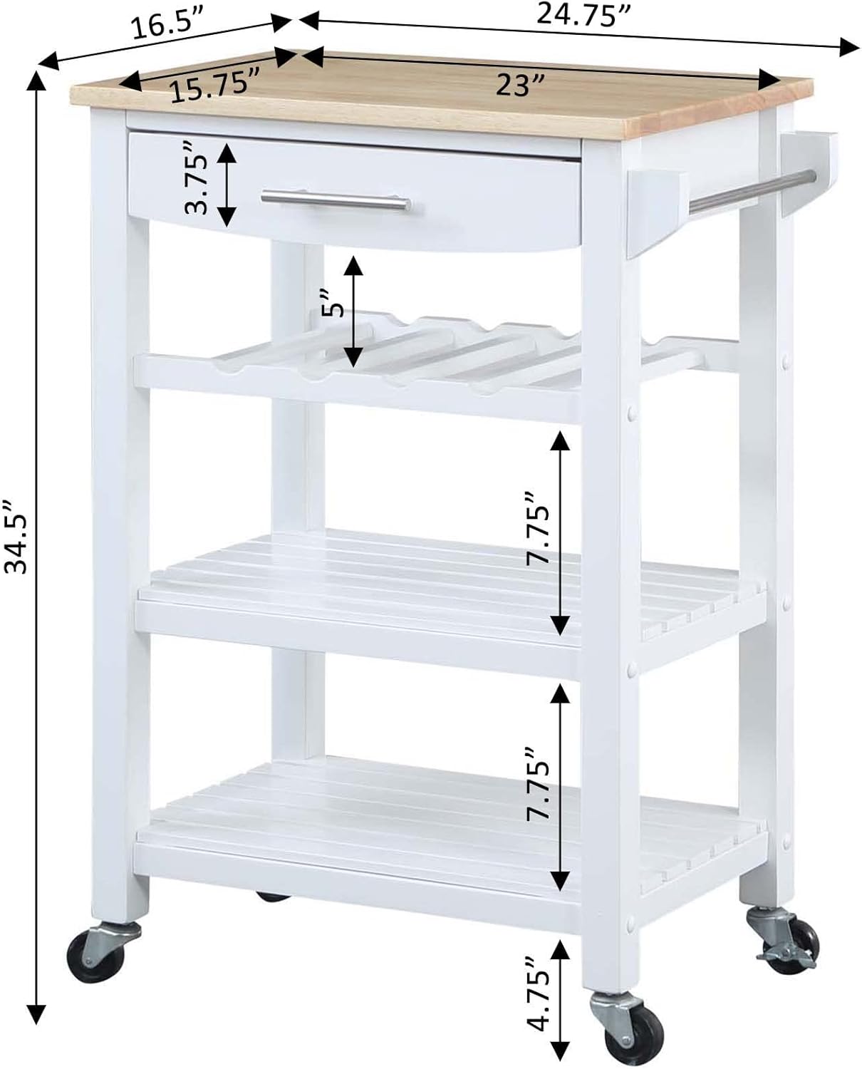 Convenience Concepts Ellaine 4 Tier Kitchen Cart with Drawer and Wine Rack, 24.75", White/Butcher Block