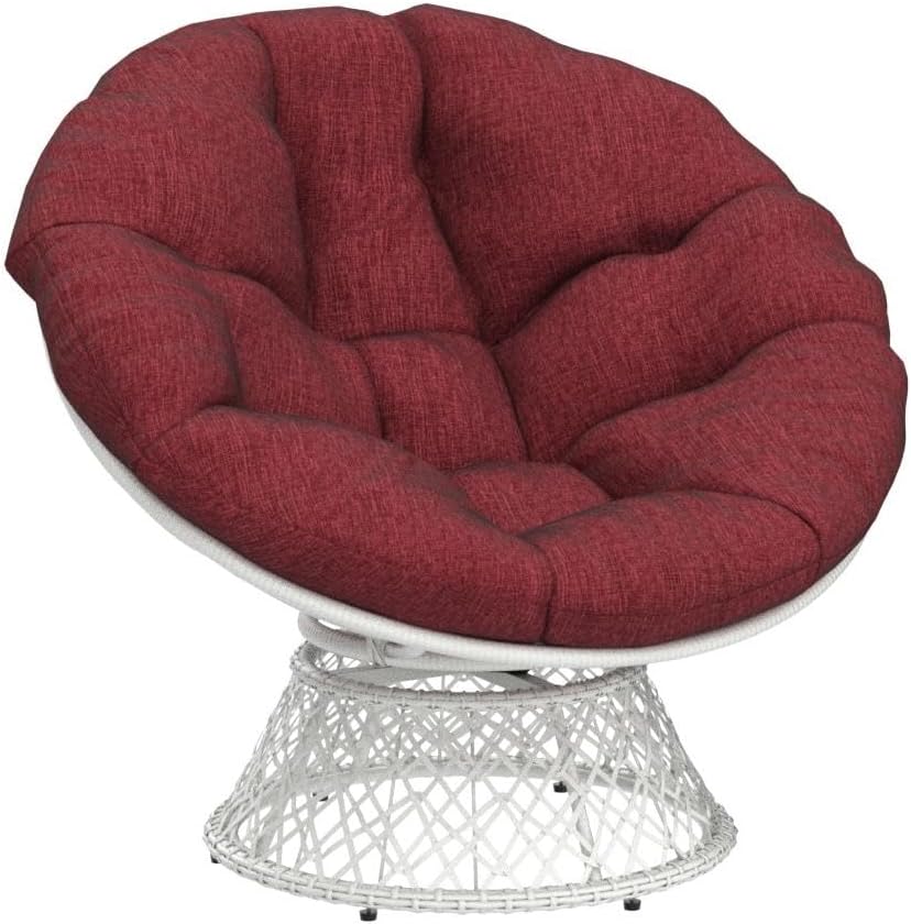 Bme 40" Ergonomic Wicker Papasan Chair with Soft Thick Density Fabric Cushion, High Capacity Steel Frame, 360 Degree Swivel for Living, Bedroom, Reading Room, Lounge, Cherry Sangria - White Base