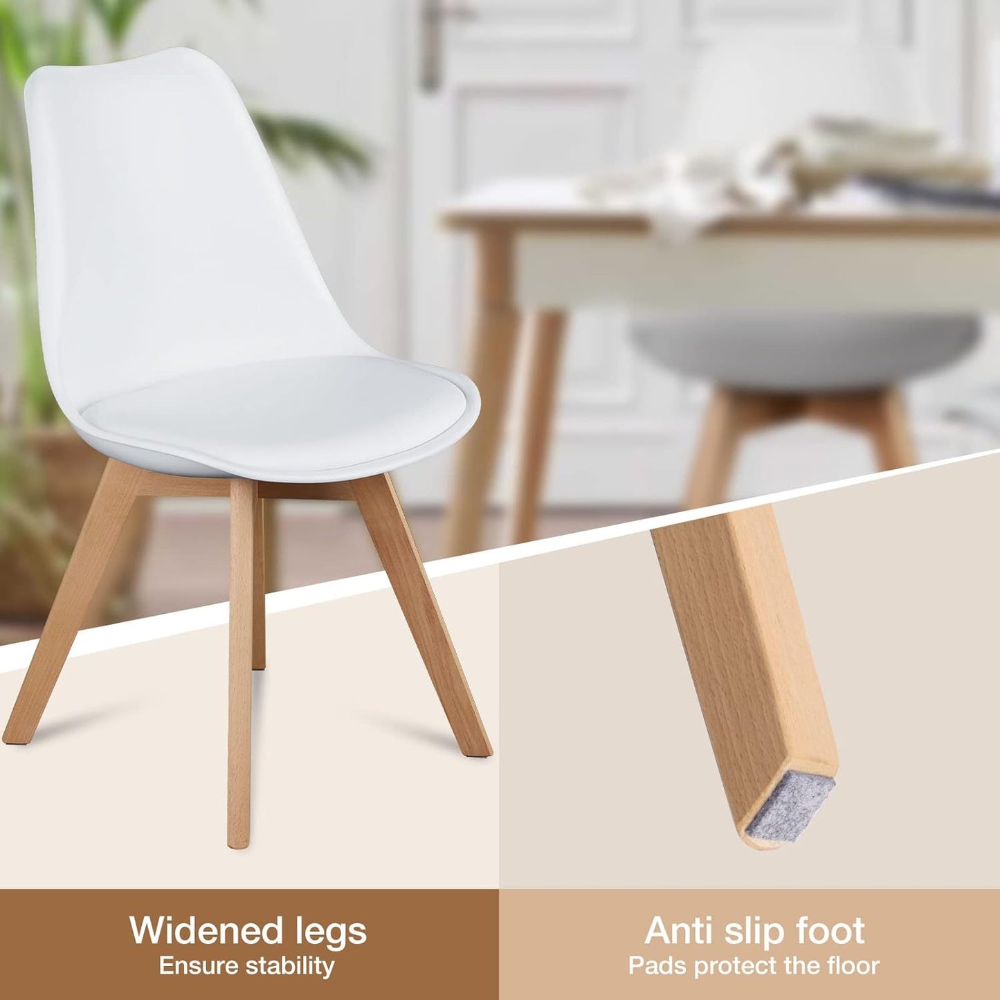 OLIXIS Set of 4 Dining Kitchen Mid-Century Modern Chairs with Wood Legs and PU Leather Cushion for Living Room Bedroom Outdoor Lounge, White