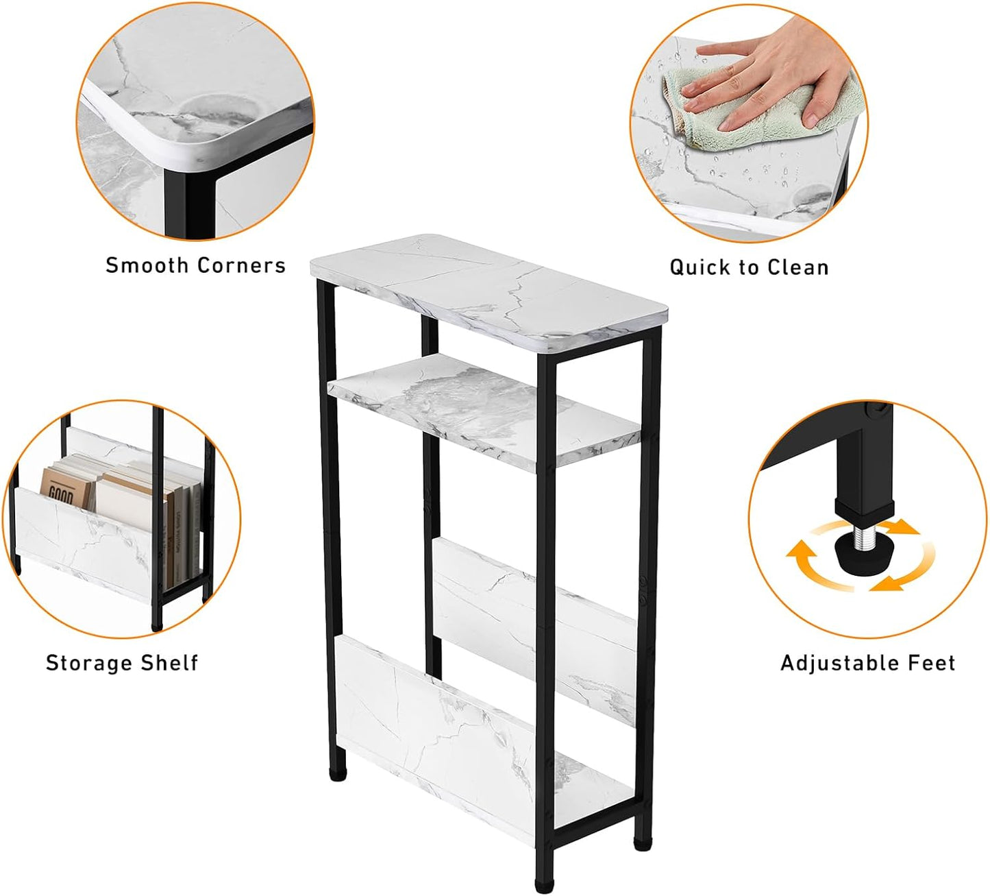 7.1" Narrow Side Table for Small Spaces, 3 Tier Small End Table with Magazine Holder, Slim/Skinny Nightstand/Bedside Table for Living Room, Bedroom, 15.4" L x 24.2" H, Faux White Marble