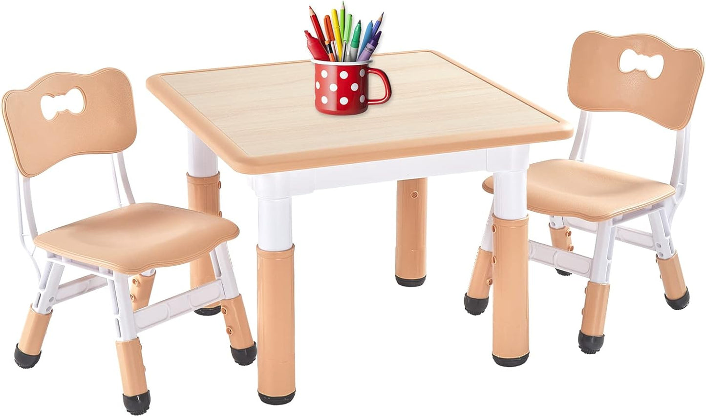 FUNLIO Kids Table and 2 Chairs Set, Height Adjustable Toddler Table and Chair Set for Ages 3-8, Easy to Wipe Arts & Crafts Table, for Classrooms/Daycares/Homes, CPC & CE Approved (3pcs Set) - Natural
