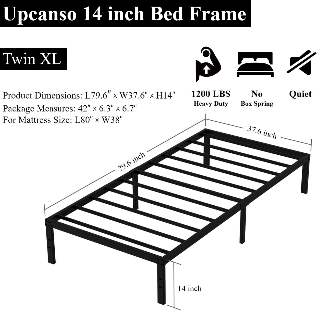 Twin XL Bed Frame No Box Spring Needed, 14 Inch Heavy Duty Metal Platform Bed Frame Twin XL Size with Storage, 2500lbs Steel Slats Support, Easy Assembly, Black