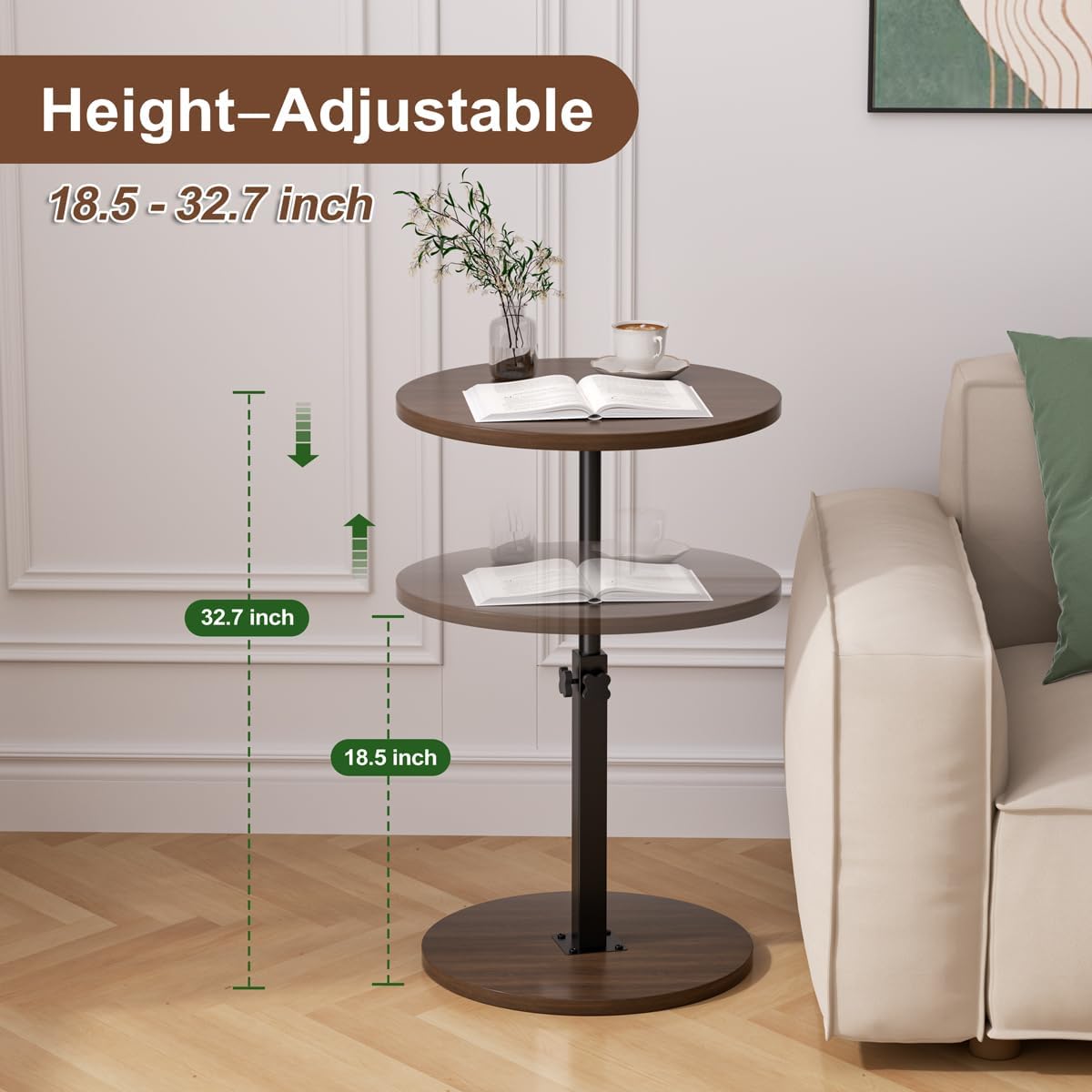 Adjustable Side Table, Round End Table, Small Bedside Table, Mid Century Modern Nightstand for Living Room, Bedroom, Corners and Office (Walnut)