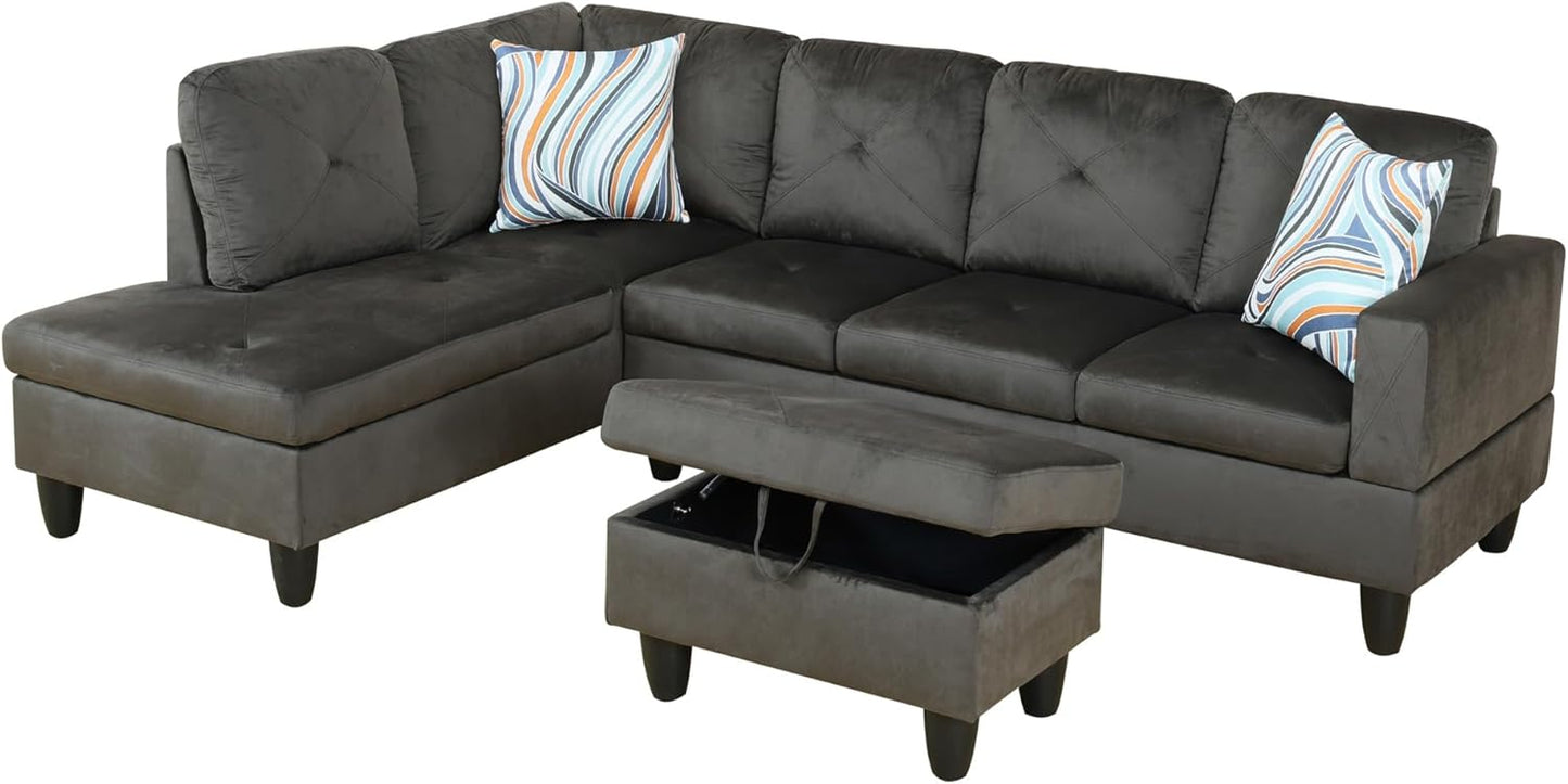 L Shaped Couch Modern Sectional Couch Upholstered Flannel Fabric 3 Pieces Sofas for Living Room with Chaise, Storage Ottoman for Office and Small Apartment, Grey