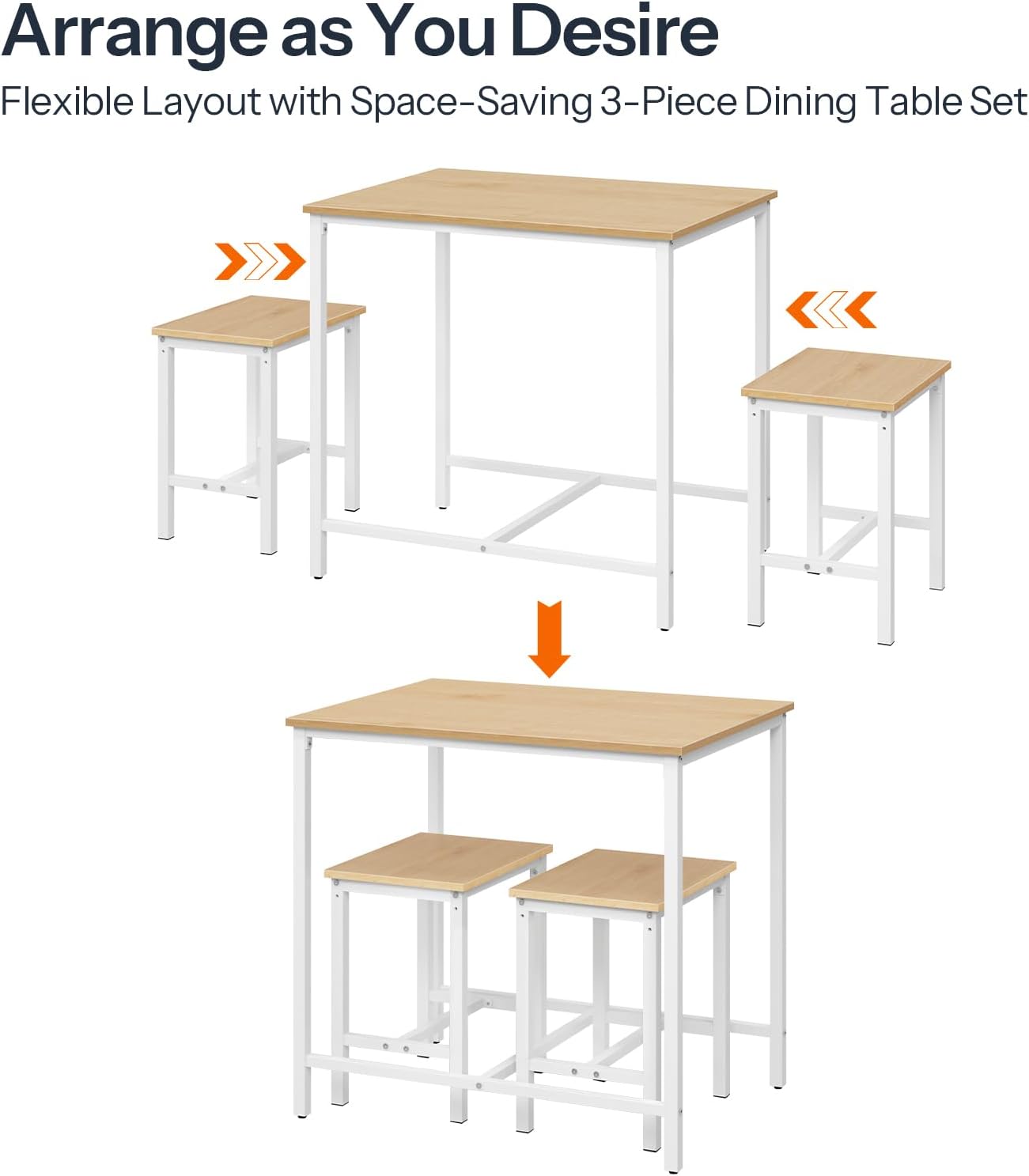 HOOBRO 3-Piece Industrial Dining Table Set, Kitchen Table, Space Saving Dinette for Kitchen, Dining Room, Small Space, Breakfast Nook, Living Room, Party, Natural and White WN75CZ01G1
