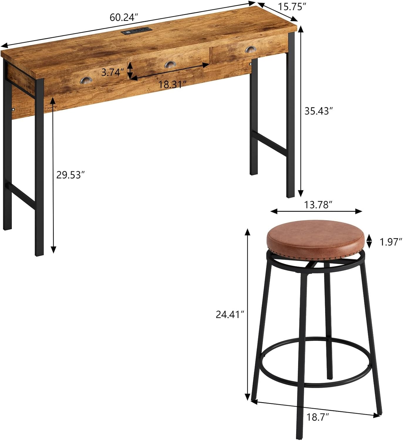 KEIKI 60.24” Long Bar High Top Dining Table and 3 Stools Chairs Set with Drawer & Power Outlet, Wood Behind Couch Sofa Counter Height Pub Furniture for Breakfast, Kitchen Living Party Room, Brown