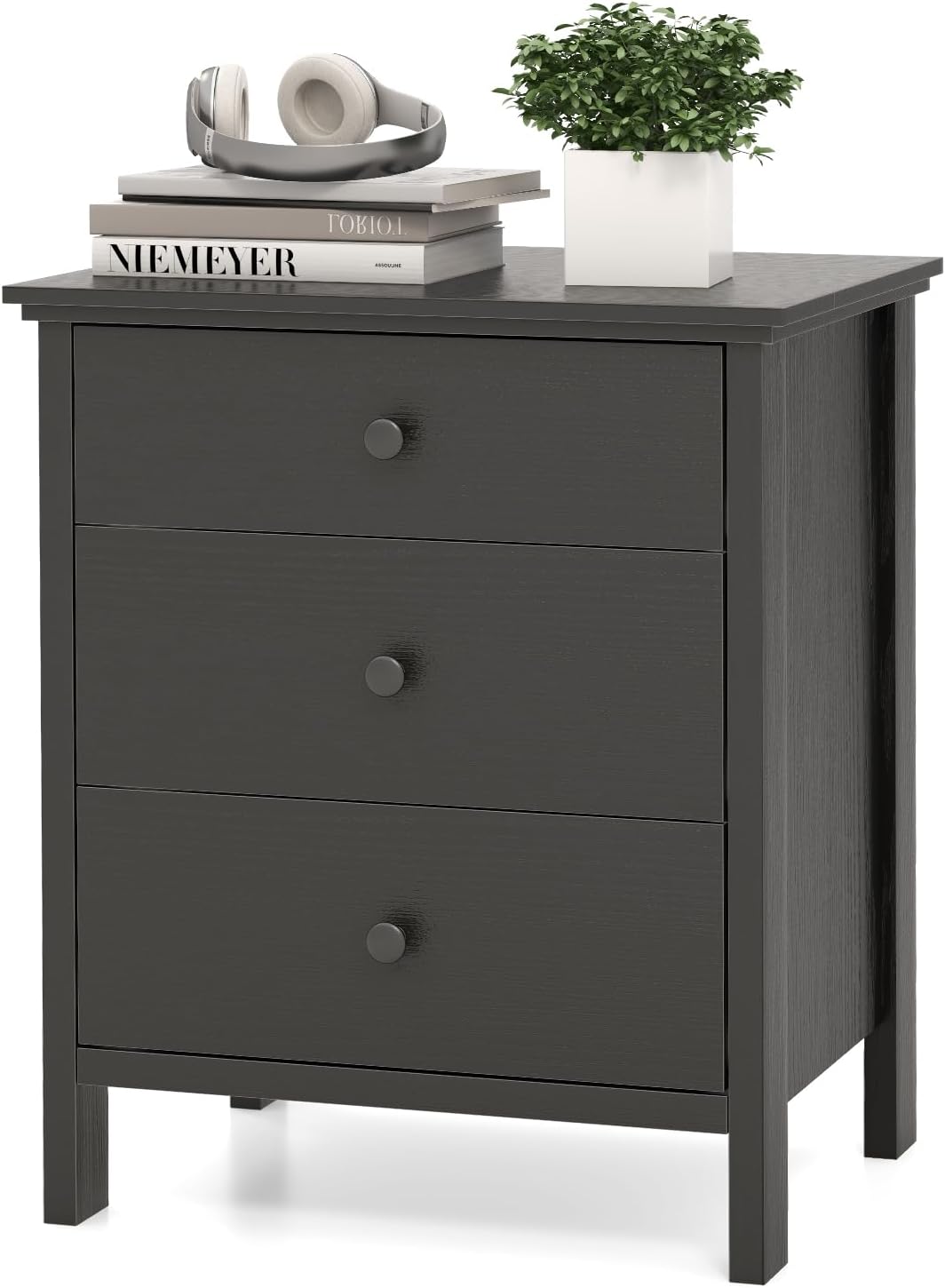 KOMFOTT 3 Drawers Nightstand, Wooden Bedside Table, Modern Sofa Side End Table, Space-Saving Telephone Table, Chest of Drawers for Living Room, Bedroom & Office (1, Black)