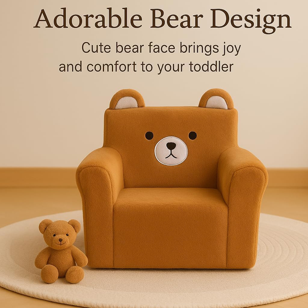Cute Animal Toddler Foam Chair, Soft Faux Rabbit Fur, Comfy Toddler Lounge Chair and Couch with Arms, Removable Washable Cover, Kids Reading, Relaxing, for Playroom, Bedroom, Ages 1-3, Bear